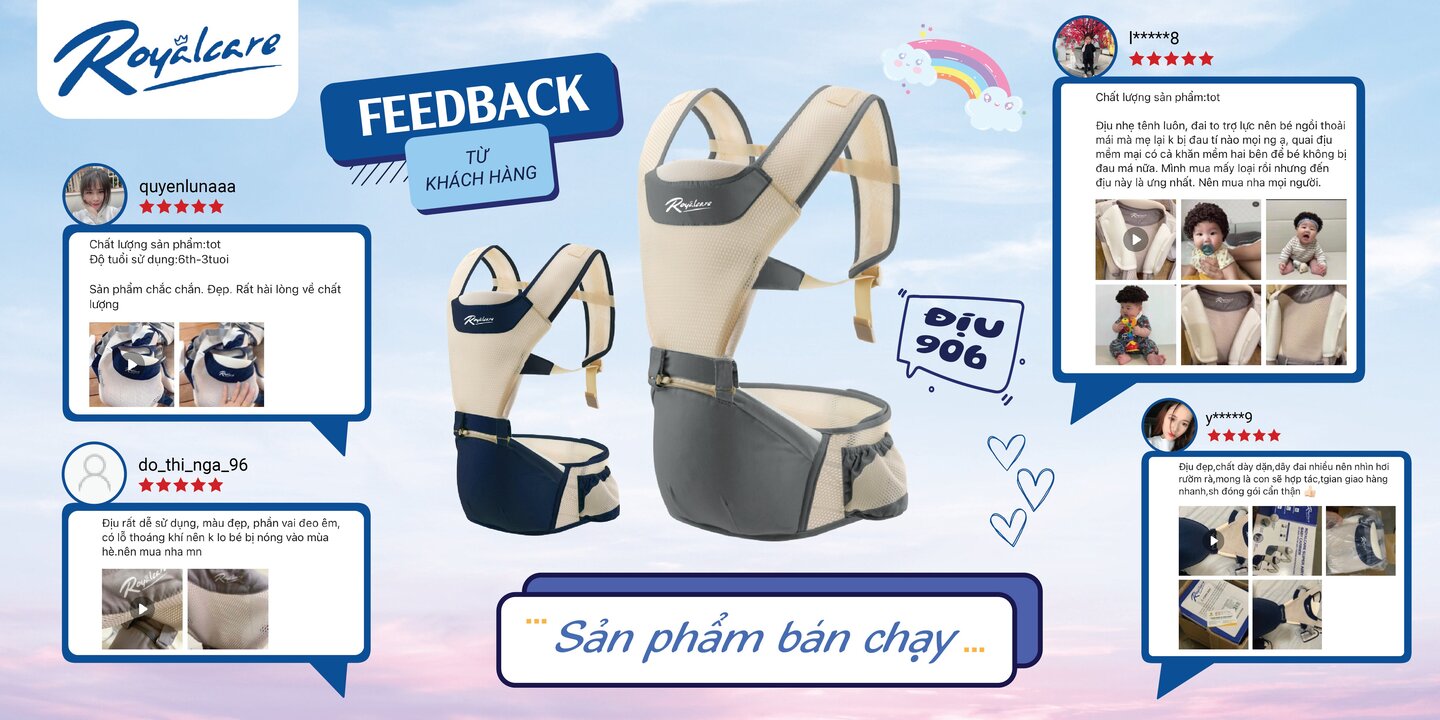 Địu ngồi trẻ em 4 tư thế lưới siêu thoáng Air mesh siêu thoáng Royalcare - 906 - cho bé 3 tháng tới 36 tháng - tặng khăn yếm cho bé