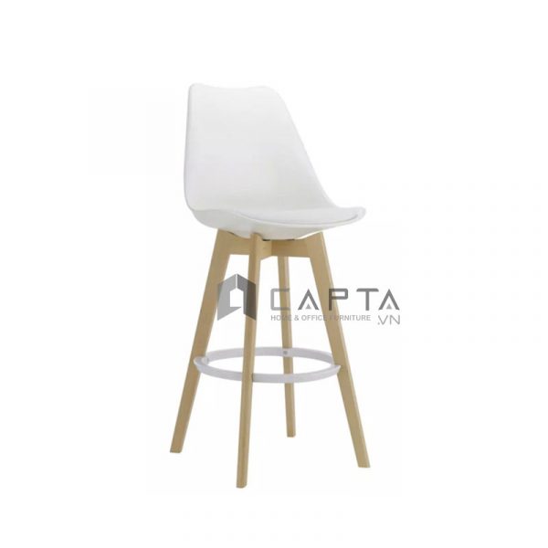 Ghế quầy bar thân nhựa PP CB DSW-P1 Nội thất Capta Ghế pantry văn phòng nệm ngồi bọc PVC màu trắng chân gỗ cố định có gác nhân nhựa PP màu trắng