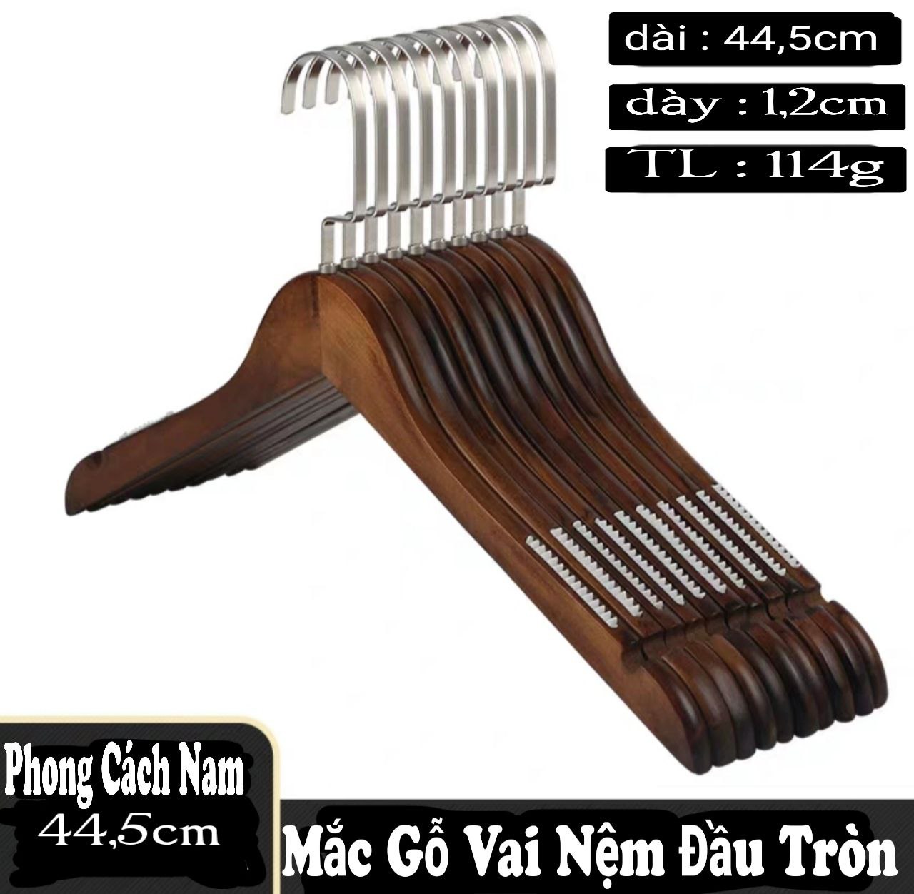 Móc Gỗ Nâu Treo Quần Áo Đầu Móc Dẹp KTN 44.5cm