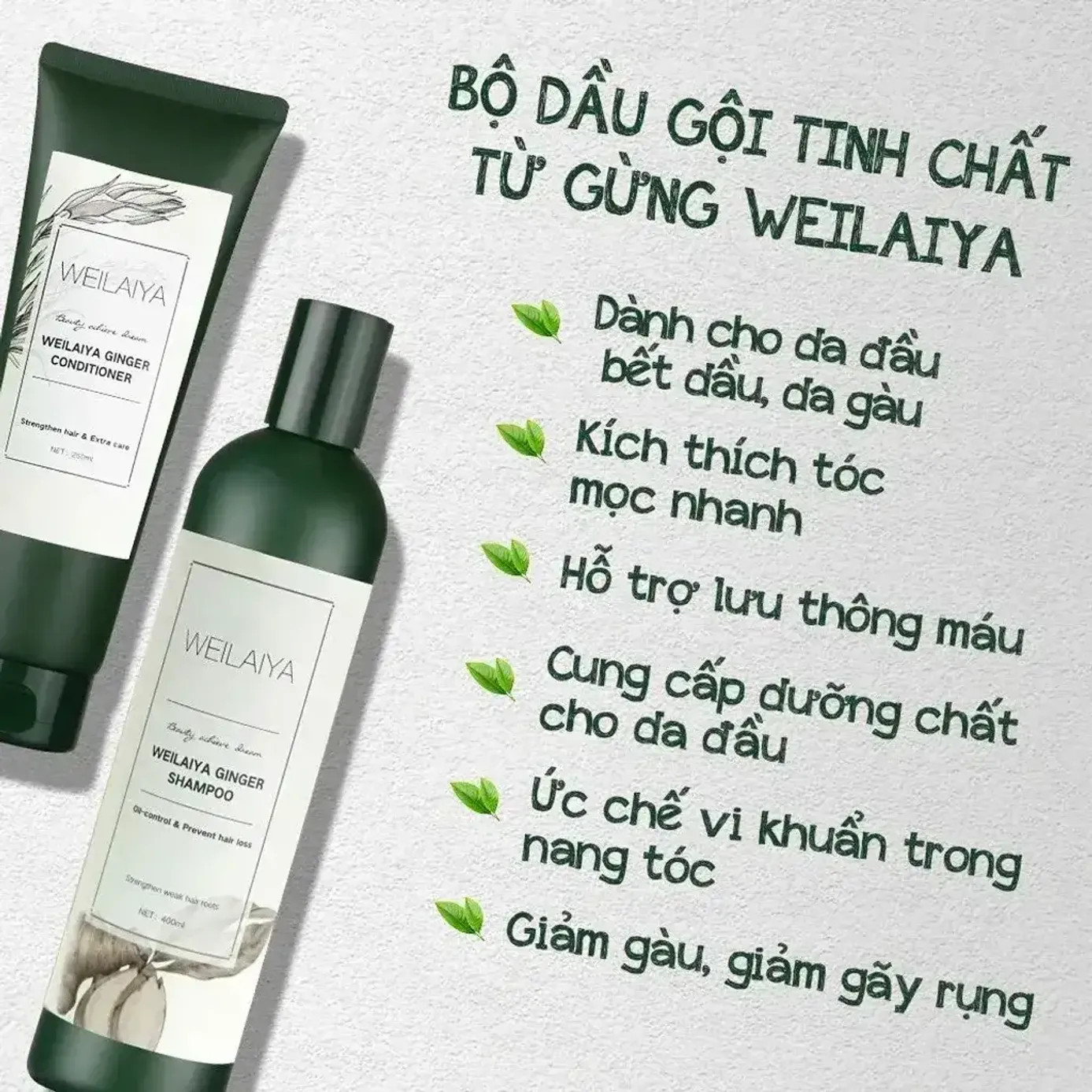Set quà tặng gồm Cặp gội xả gừng xanh nguyên chất và Sữa tắm trắng da Weilaiya Tặng Minisize dầu gôi thượng lưu - Gói hộp quà sang trọng
