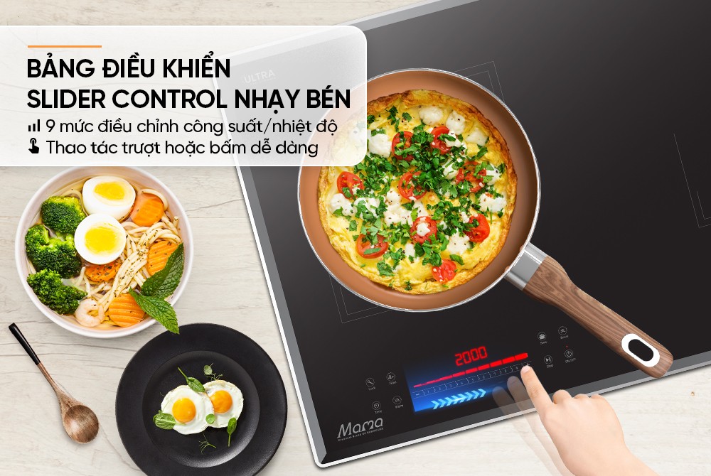 Bếp điện từ đôi Sunhouse MMB82272-T, Công suất 4400W, Mặt kính Ultra Vitro Ceramic thiết kế vát, bo viền 4 cạnh, Chức năng nấu nhanh Booster, Inverter, Slow cook - Sôi liu riu, Bảng điều khiển Slider Control siêu nhạy, BH 3 năm tại nhà - Hàng chính hãng