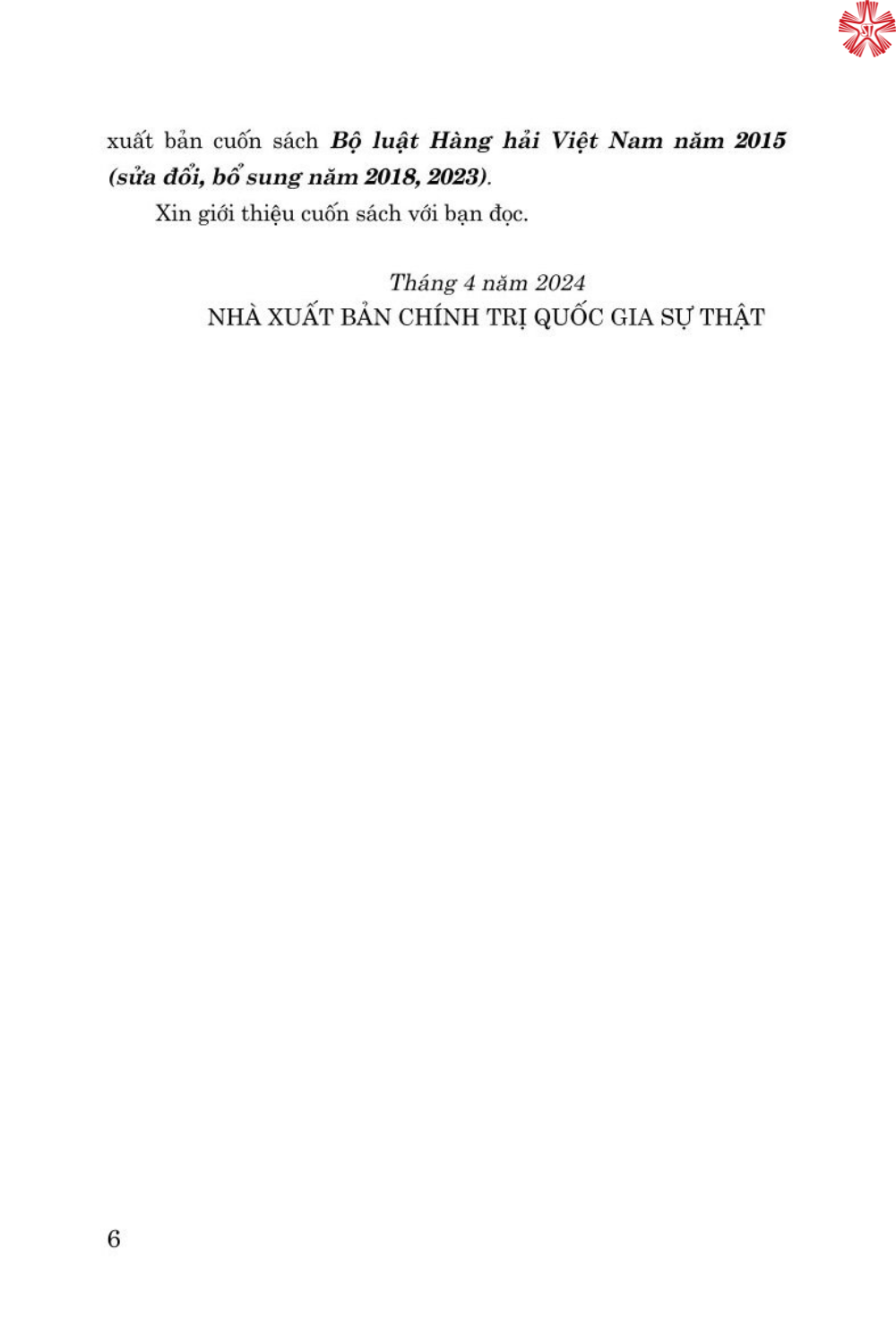 Bộ luật hàng hải Việt Nam năm 2015 (sửa đổi, bổ sung năm 2018, 2023) bản in 2024