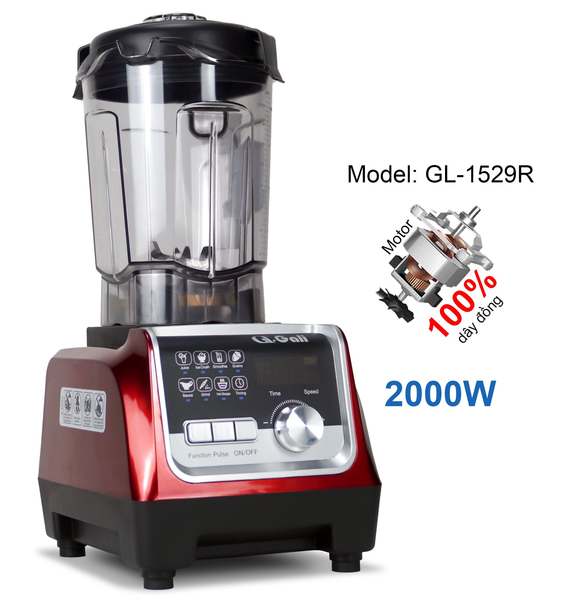 Sinh Tố Công Nghiệp Gali GL-1529R Dung tích 2 Lít, Motor 100% dây đồng đảm bảo độ bền bỉ, bảng điều khiển dạng cảm ứng, lưỡi dao bằng thép không gỉ. Hàng chính hãng bảo hành 24 tháng