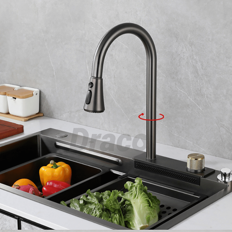 Bồn Rửa Chén 1 Hố Kèm Vòi Rút Draco S1176NXV Inox 304 Phủ Nano Cao Cấp Màu Xám