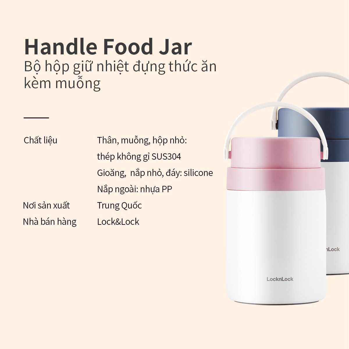 Hộp cơm giữ nhiệt Lock&Lock màu hồng LHC8042PIK 700ml - Hàng chính hãng, 2 ngăn kèm muỗng inox - JoyMall
