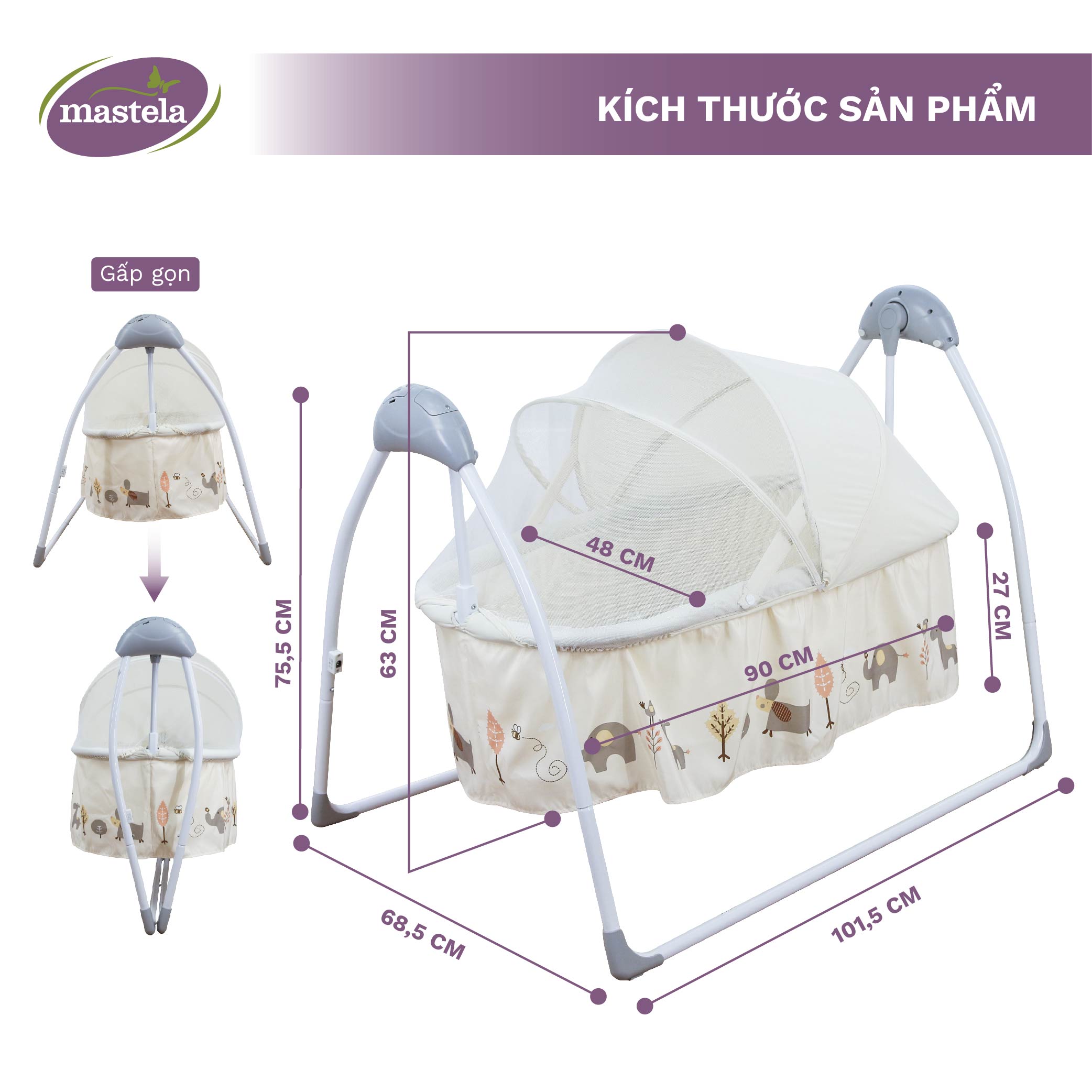 Nôi điện cho bé điều khiển từ xa kết hợp nhạc trắng ru ngủ Mastela SG239 - Nôi cho bé sơ sinh đu đưa tự động