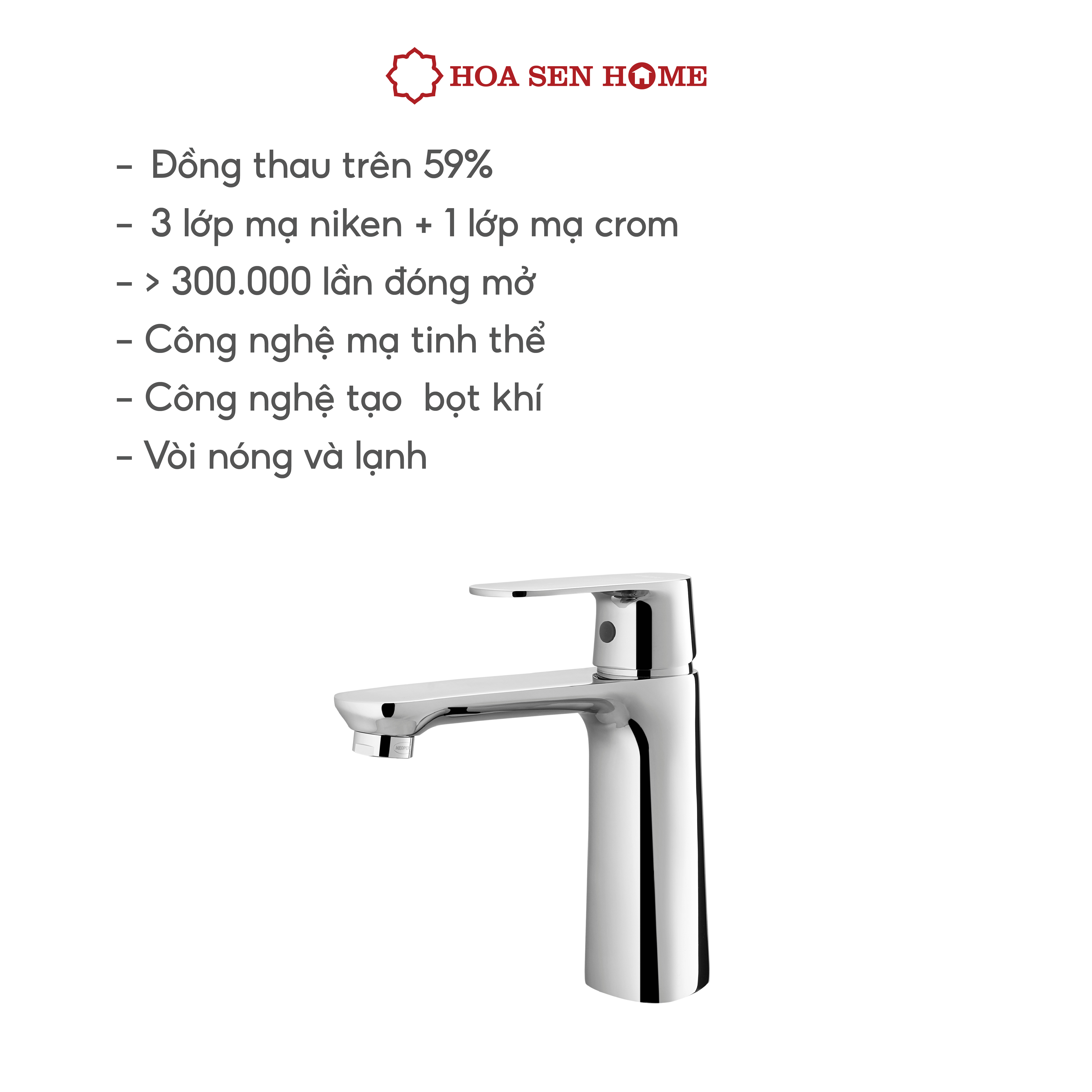 Vòi lavabo nóng lạnh TUSLO F006 Luxury chất liệu đồng nguyên chất, mạ Crom-Niken, công nghệ tạo bọt khí hiện đại - Hoa Sen Home - Hàng chính hãng