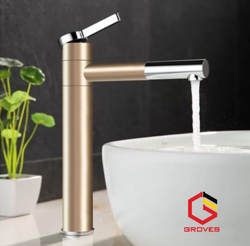 Vòi rửa mặt đa năng thân cao mạ vàng GR7013C (đầu và thân vòi đều xoay được 360 độ, mạ màu vàng nhạt - như hình)