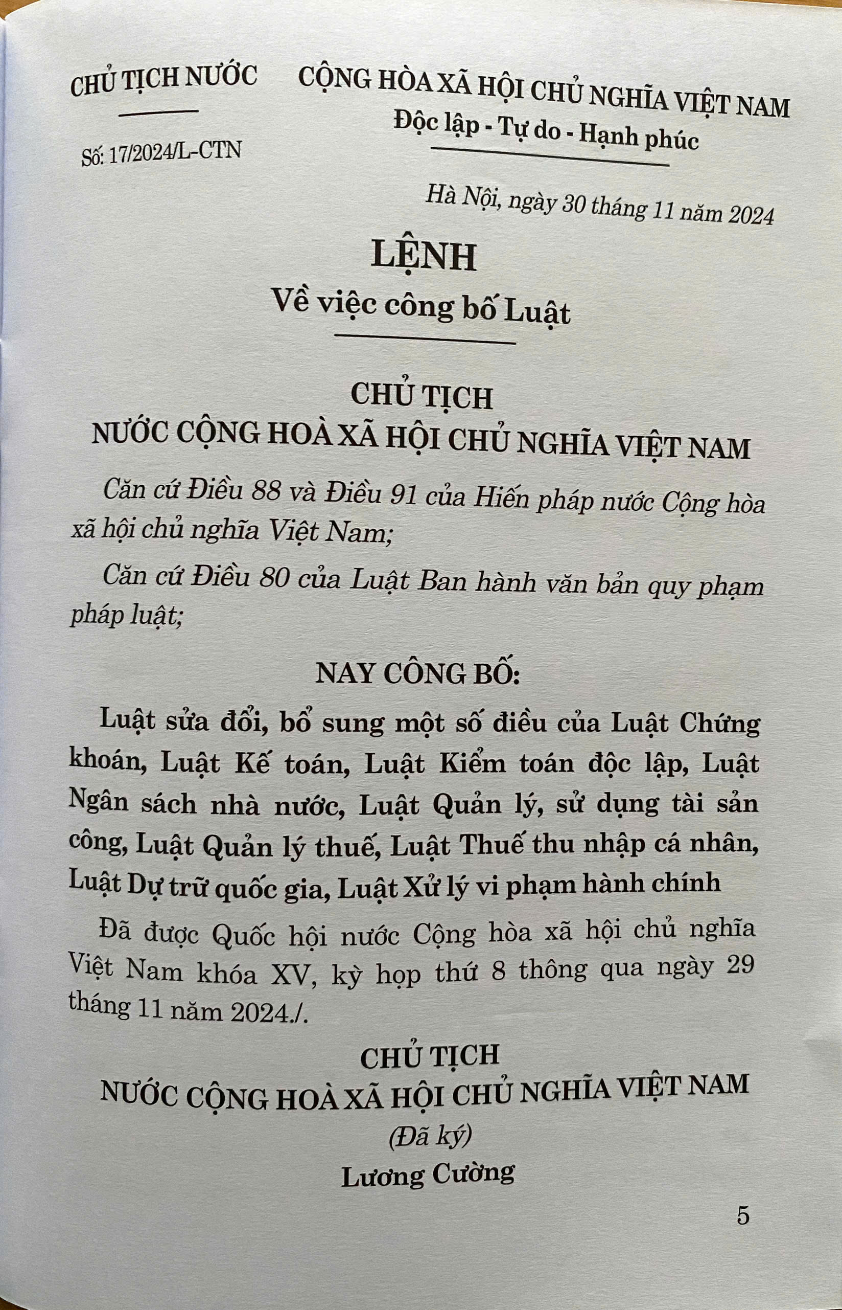 Luật Sửa Đổi, Bổ Sung Một Số Điều Của Luật Chứng Khoán, Luật Kế Toán, Luật Kiểm Toán Độc Lập, Luật Ngân Sách Nhà nước, Luật Quản Lý, Sử Dụng Tài Sản Công, Luật Quản Lý thuế, Luật Thuế Thu Nhập Cá Nhân, Luật Dự Trữ Quốc Gia, Luật Xử Lý Vi Phạm Hành Chính
