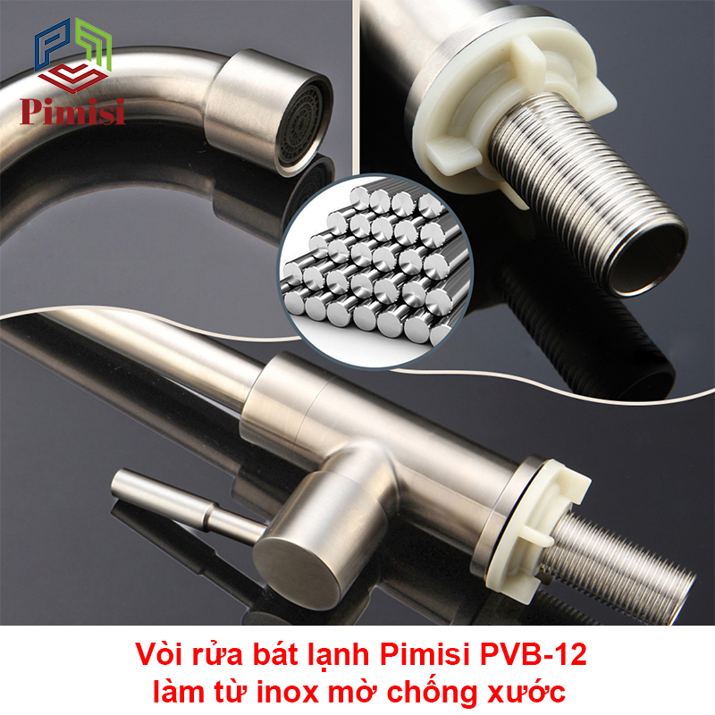 Vòi Chậu Rửa Bát Inox Mờ Pimisi PVB-12+DC Nước Lạnh Gắn Bồn Rửa Chén 1-2 Hố Của Phòng Bếp 1 Đường Nước Đơn | Chính Hãng