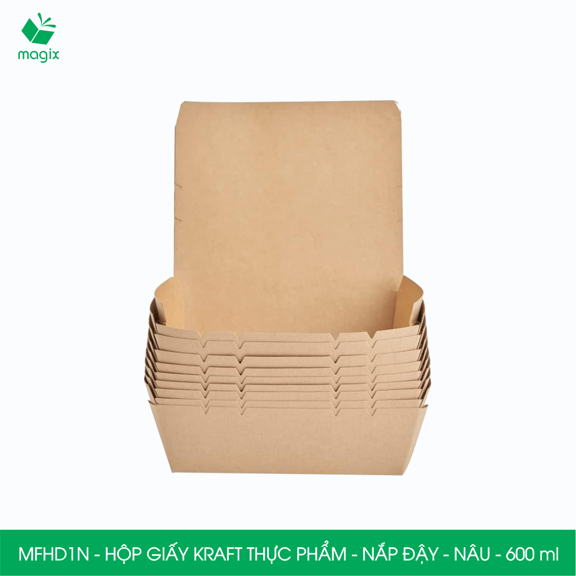 MFHD1N - Combo 100 hộp giấy kraft thực phẩm 600ml, hộp đựng thức ăn nắp đậy màu nâu, hộp gói đồ ăn mang đi
