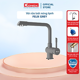 Vòi rửa bát nóng lạnh xoay 360 độ KONOX Felix Black, bề mặt xử lý mạ PVD Granite, lõi hợp kim đồng 61% tiêu chuẩn Châu Âu CW617N
