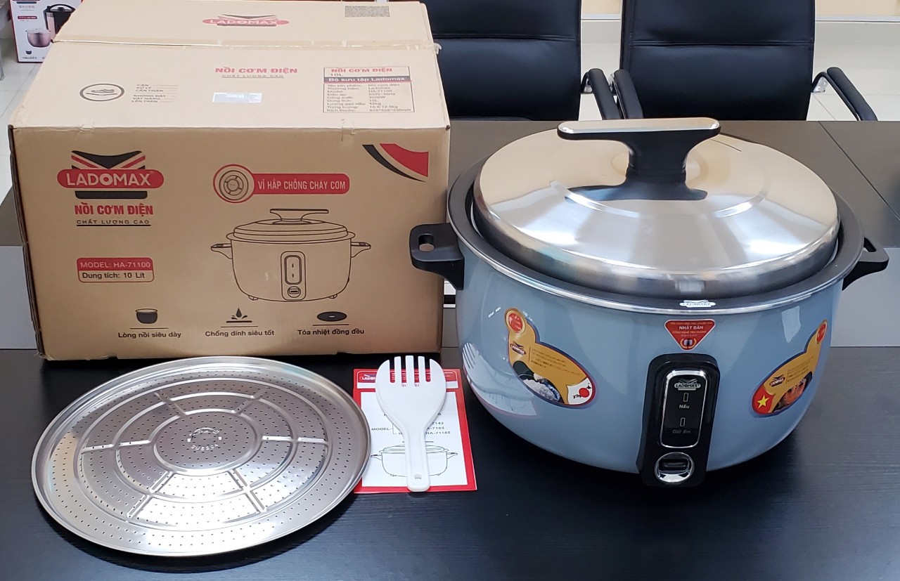 Nồi cơm điện công nghiệp 10L Ladomax công nghệ Nhật, nấu 6.5kg gạo, chống cơm cháy kèm vỉ hấp inox-Hàng chính hãng