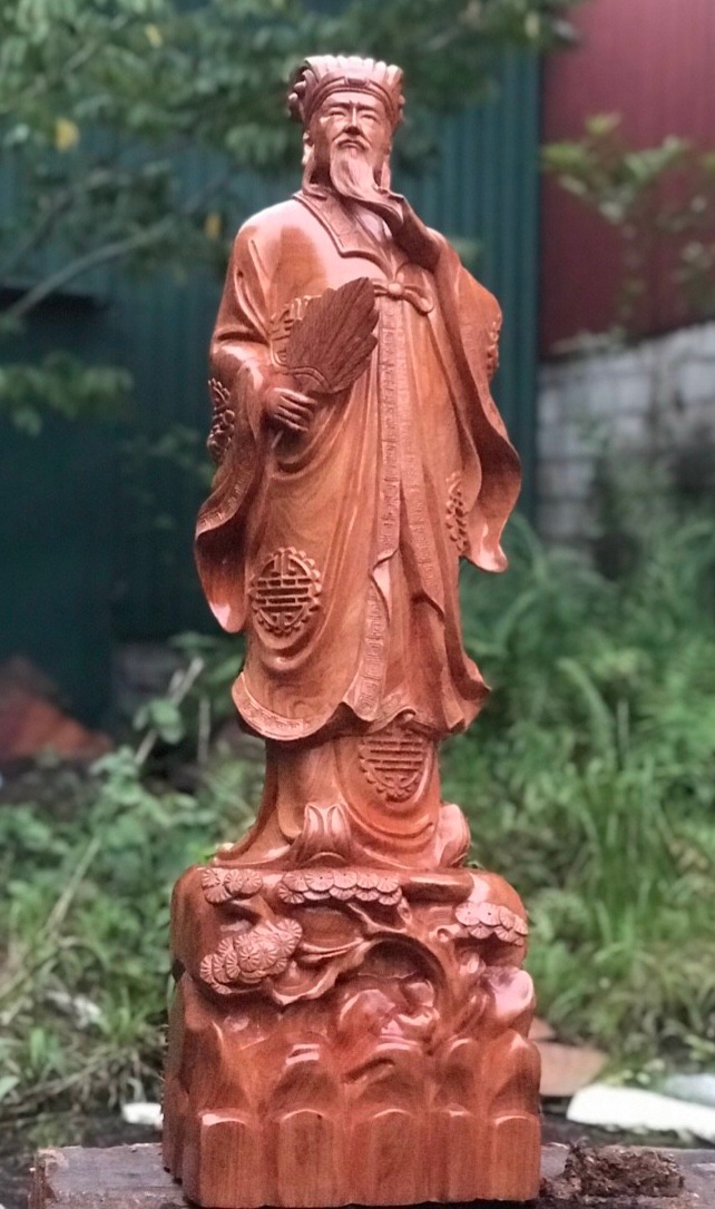 Tượng khổng minh (gia cát lượng) bằng gỗ hương đá liền khối cực đẹp kt cao 90×27×20cm