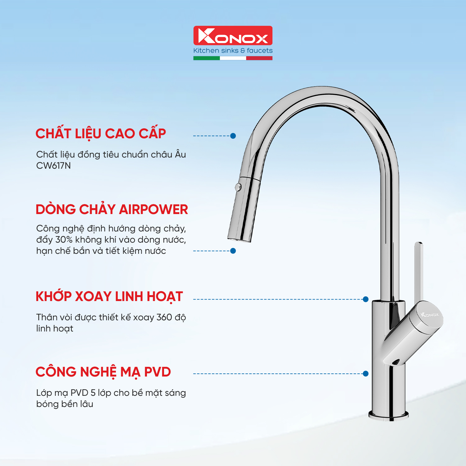 Vòi rửa bát kéo dây Konox, Model Ponte Chrome, 4 phiên bản màu, Bề mặt mạ PVD 5 lớp cao cấp, Lõi đồng tiêu chuẩn CW617N, Linh kiện phụ trợ dòng chảy nhập khẩu châu Âu, Bảo hành chính hãng 5 năm, Hàng chính hãng
