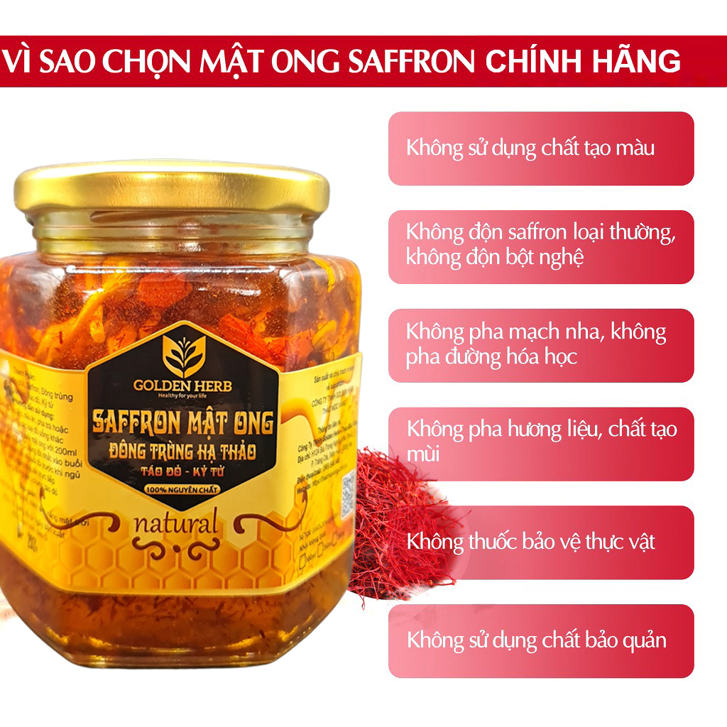 Mật Ong Saffron Đông Trùng Hạ Thảo Táo đỏ Kỷ tử 180ml/lọ Golden Herb