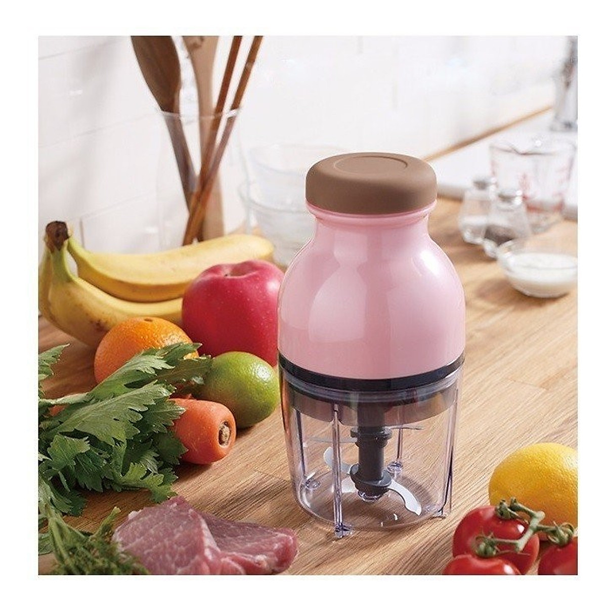 Máy Xay Sinh Tố Thịt Cá Đồ Ăn Dặm Đa Năng Cao Cấp 2 Tầng Lưỡi Nắp Bẹt Màu Nâu Tiện Dụng - HÀNG LOẠI 1 - Chính Hãng MINIIN