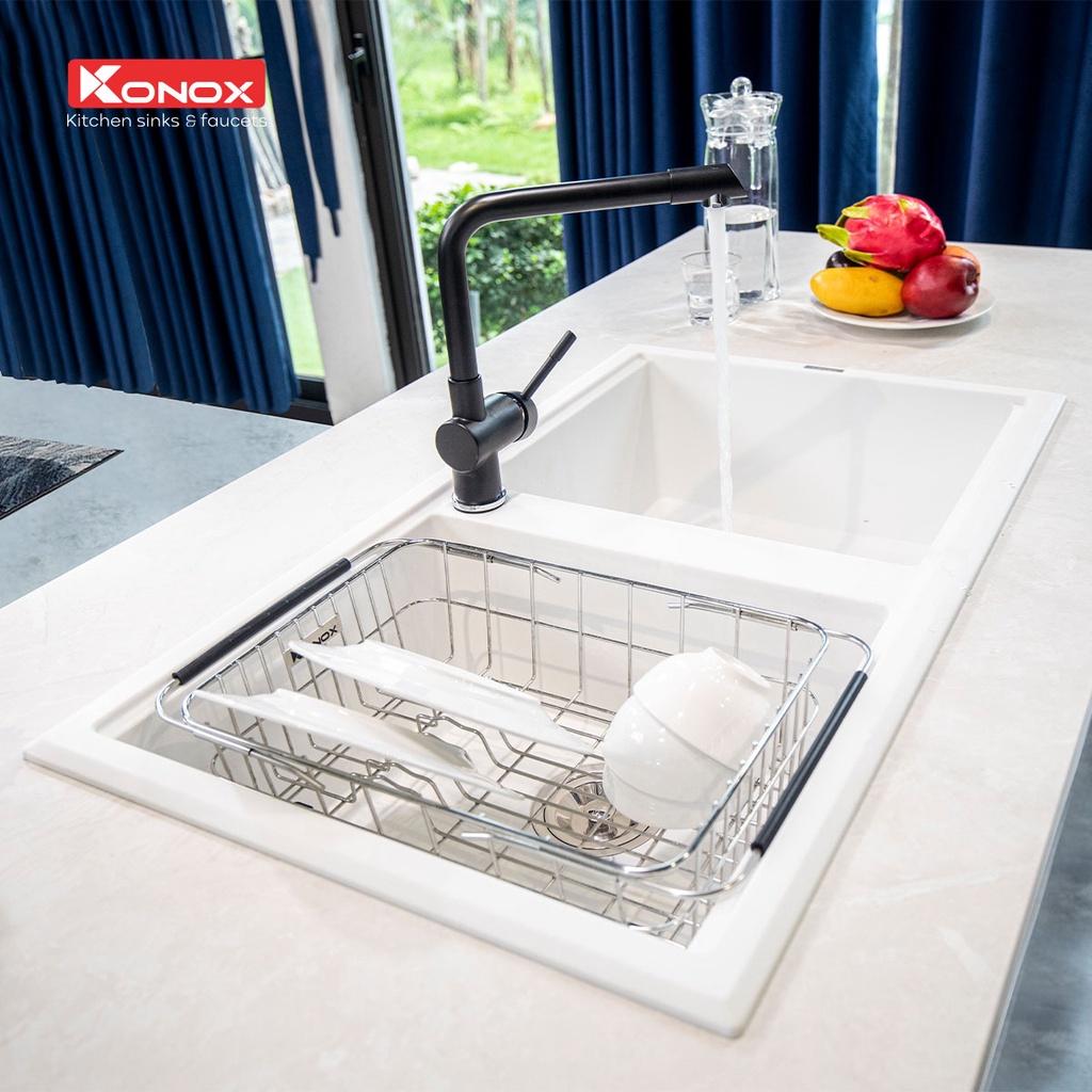Vòi rửa bát nóng lạnh xoay 360 độ KONOX Felix Black, bề mặt xử lý mạ PVD Granite, lõi hợp kim đồng 61% tiêu chuẩn Châu Âu CW617N
