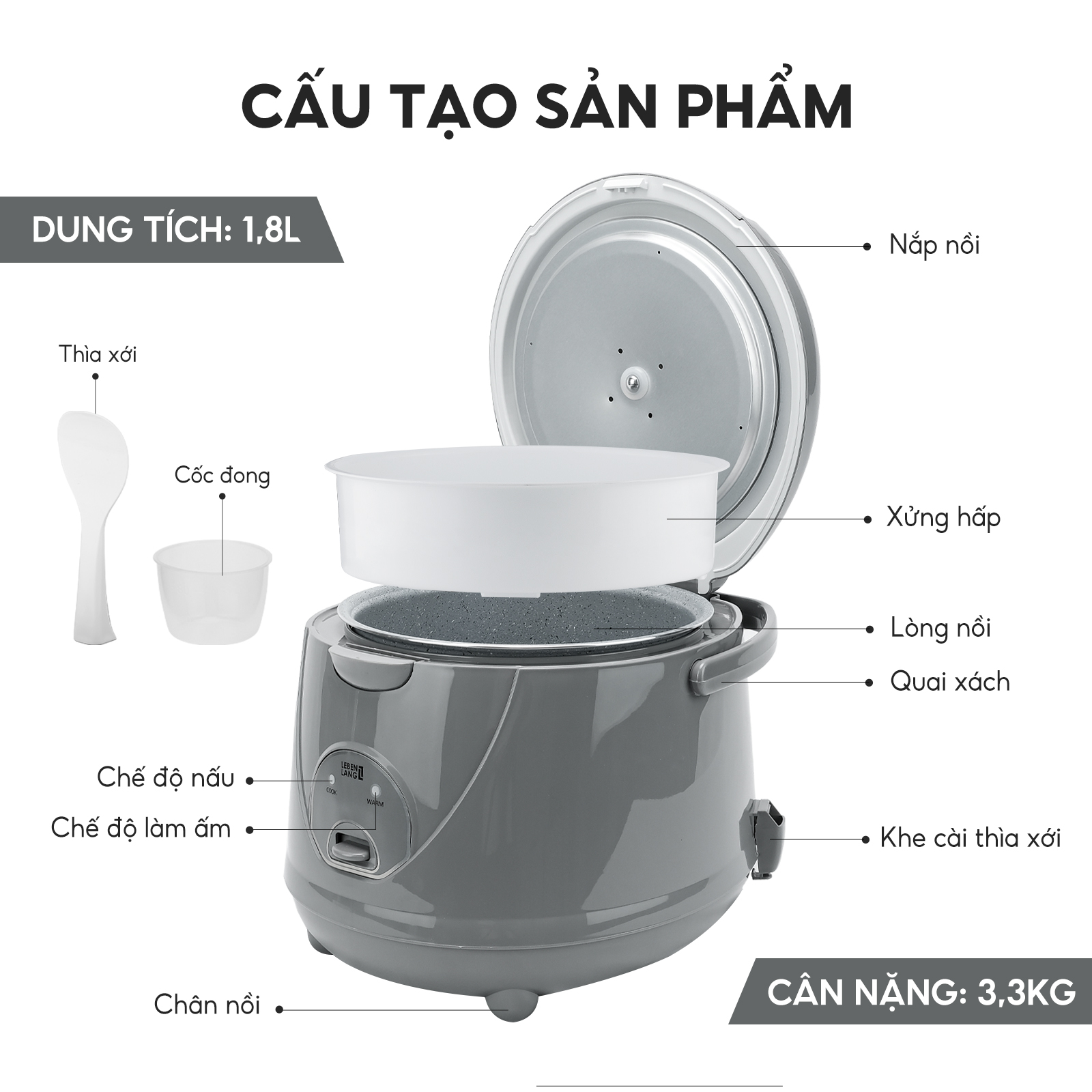 Nồi cơm điện Lebenlang LBL1936 dung tích 1800ml, công suất 700W, thiết kế đơn giản, bảo hành 2 năm - hàng chính hãng