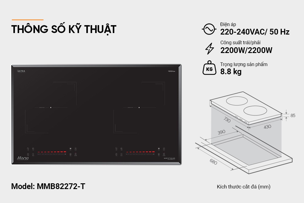 Bếp điện từ đôi Sunhouse MMB82272-T, Công suất 4400W, Mặt kính Ultra Vitro Ceramic thiết kế vát, bo viền 4 cạnh, Chức năng nấu nhanh Booster, Inverter, Slow cook - Sôi liu riu, Bảng điều khiển Slider Control siêu nhạy, BH 3 năm tại nhà - Hàng chính hãng