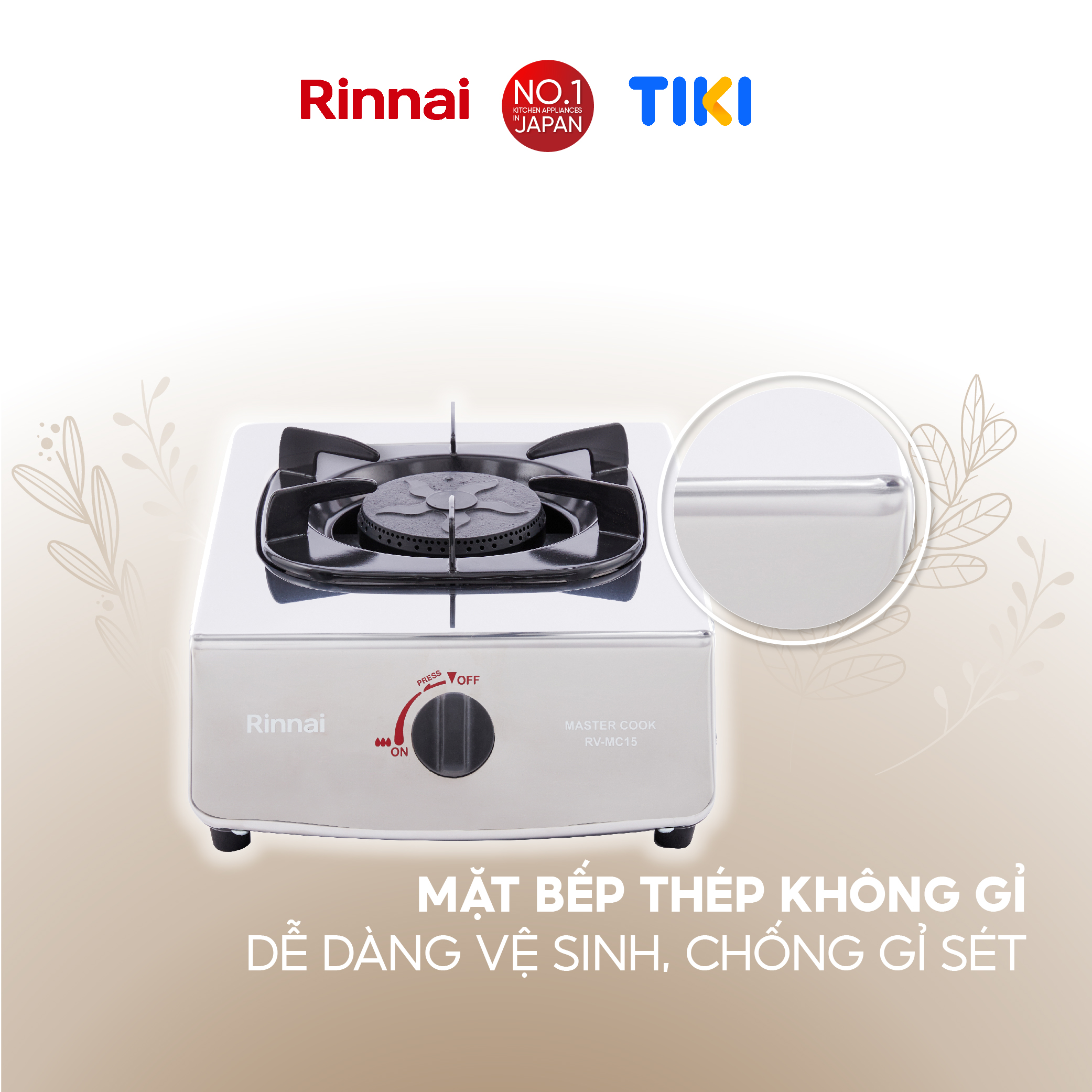 Bếp gas dương Rinnai RV-MC15S mặt bếp inox và kiềng bếp men - Hàng chính hãng.