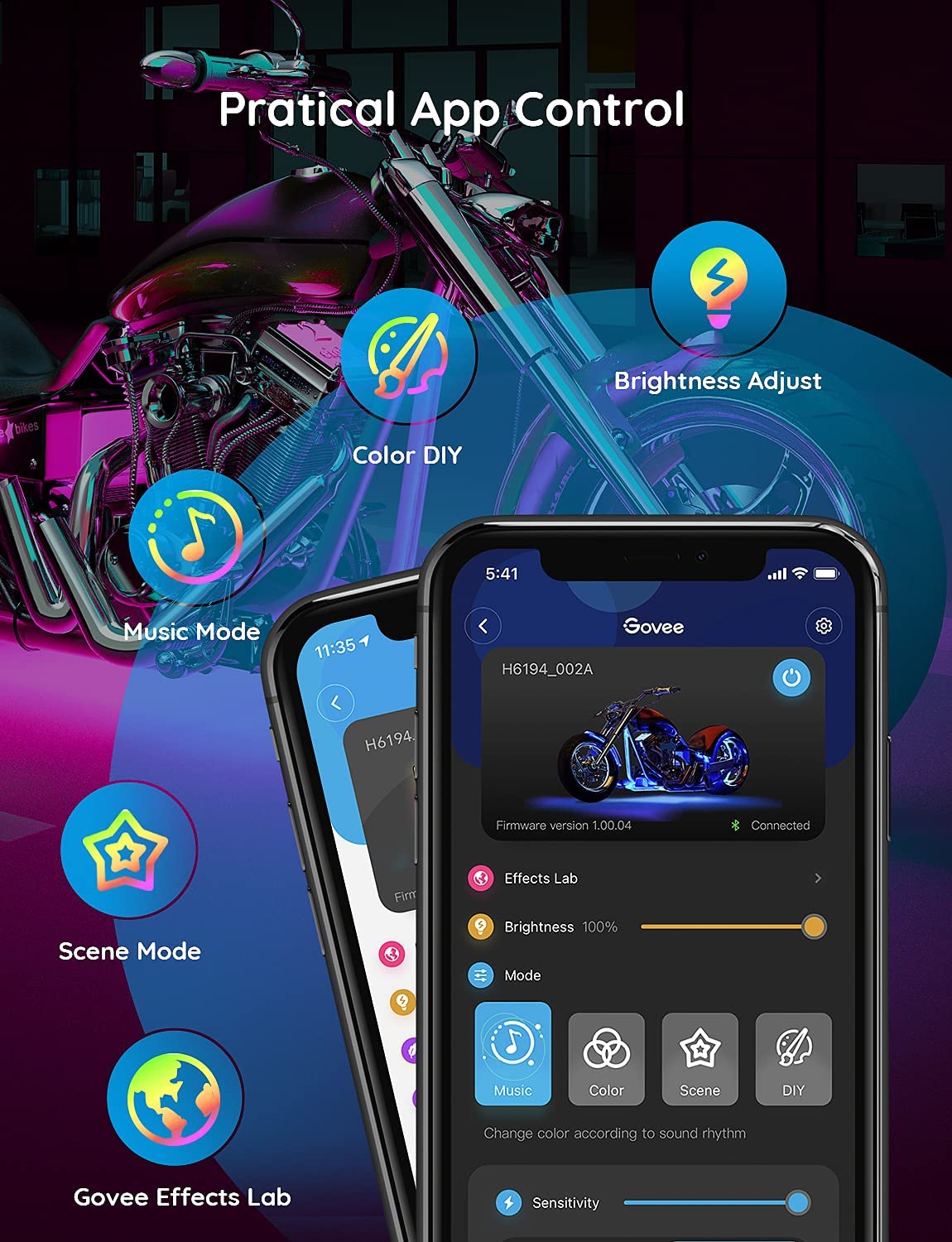 Đèn gầm xe máy Govee Motorcycle LED Light Kits H6194 | Gồm 12 dải led kháng nước, RGB 16 triệu màu nháy theo nhạc