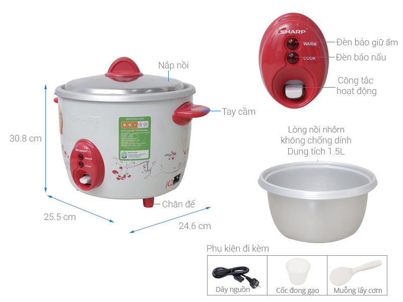 Nồi cơm nắp rời Sharp 1.5 lít KSH-D15V, Công suất 530W, Giao màu ngẫu nhiên - Hàng chính hãng