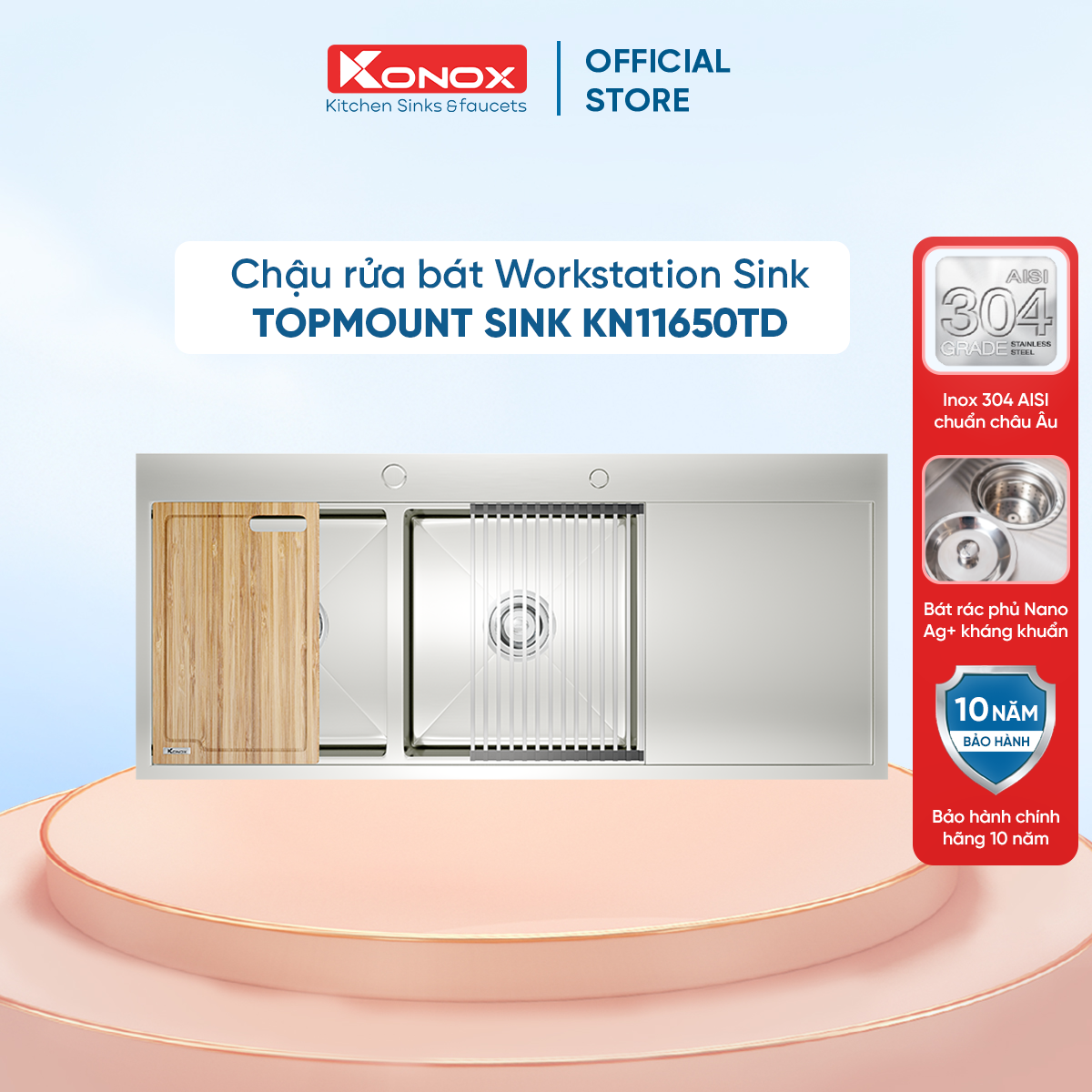 Chậu rửa bát inox Konox, Topmount Series, Model KN11650TD, Inox 304AISI tiêu chuẩn châu Âu, Hạ bậc tích hợp, 1160x500x220(mm), Bảo hành chính hãng 10 năm, Hàng chính hãng