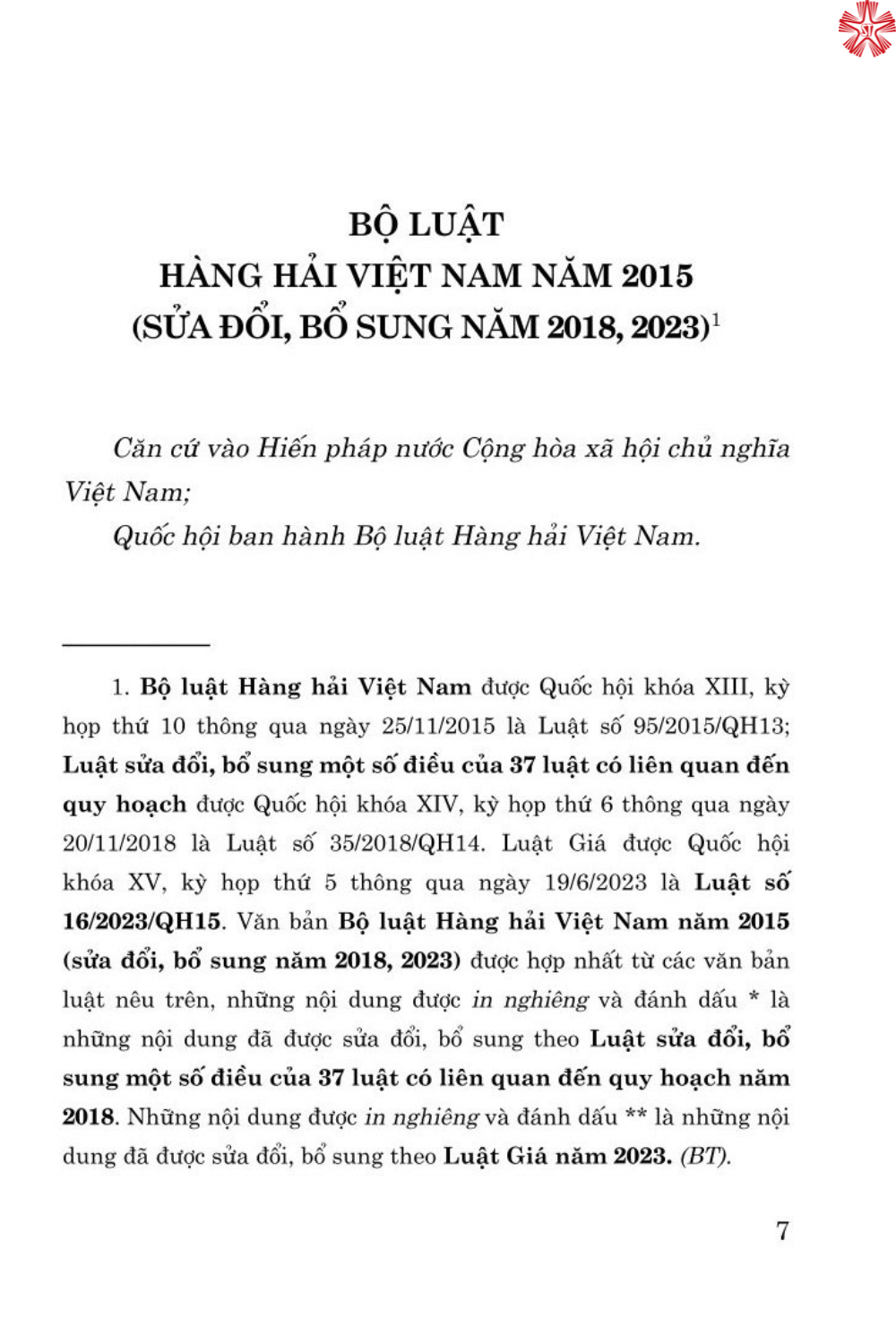 Bộ luật hàng hải Việt Nam năm 2015 (sửa đổi, bổ sung năm 2018, 2023) bản in 2024