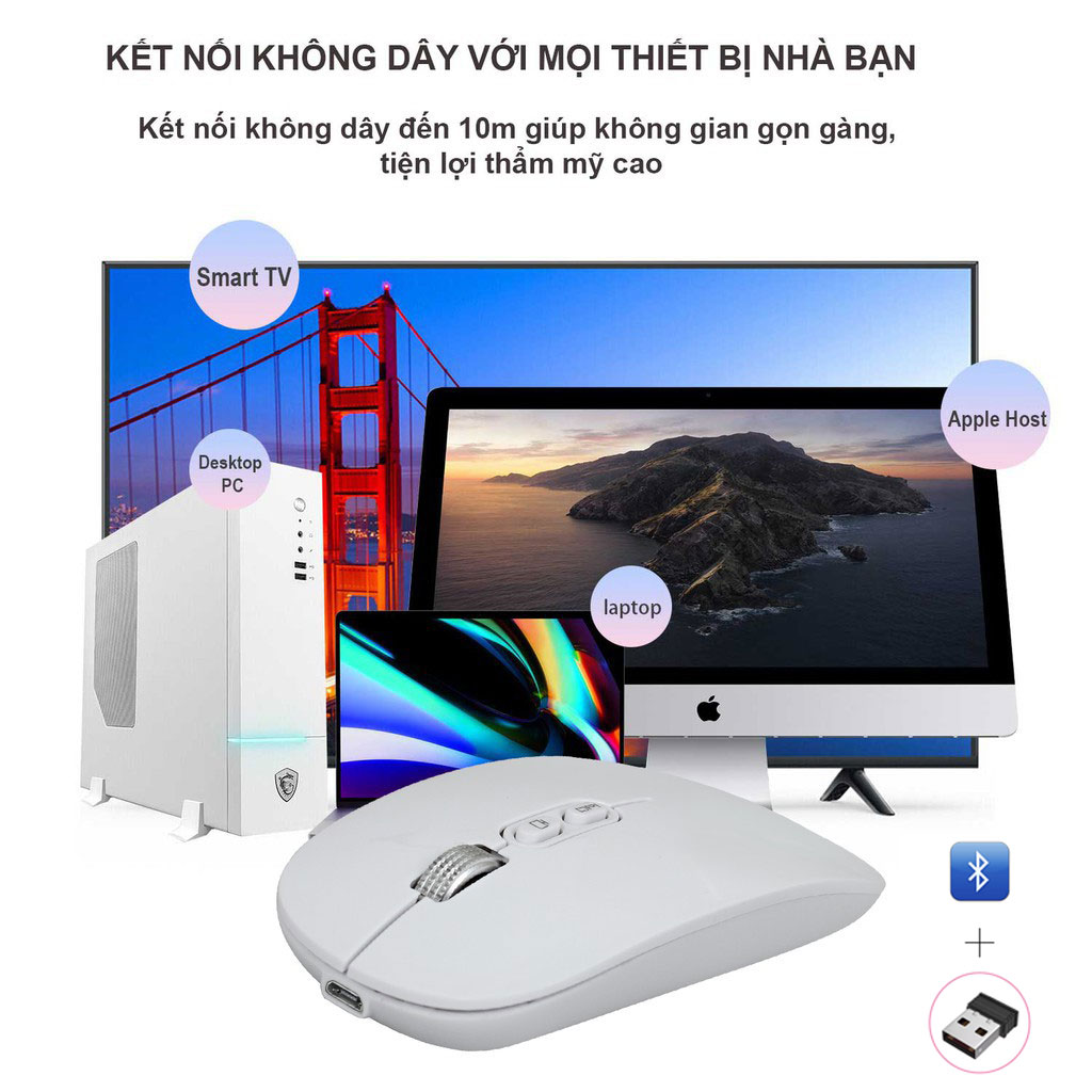 Chuột không dây HXSJ M103B wireless Bluetooth tự sạc pin siêu mỏng không gây tiếng ồn chuyên dùng cho Máy tính, pc, Laptop, Tivi - Hàng chính hãng