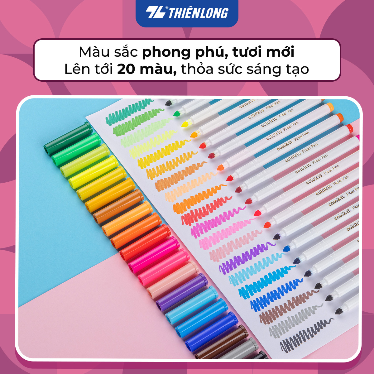 Bút lông màu Fiber Pen Thiên Long Colokit an toàn sử dụng tô màu, vẽ tranh, calligraphy, 20 màu basic FP-C03