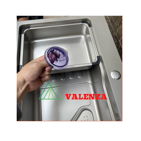 Chậu rửa bát 1 hố Valenza 6845 inox 304 nano xám dày 3li kèm khay inox, bộ xả to ngăn mùi, rổ inox lỗ-Hàng đẹp