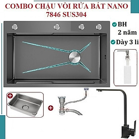 Combo chậu rửa chén bát 1 hố lớn Valenza size 7846 sus304 nano đen kháng khuẩn kèm vòi rửa bát nano Vuông Valenza sus304, bộ xả to ngăn mùi, khay inox kín-TẶNG BÌNH NƯỚC RỬA CHÉN