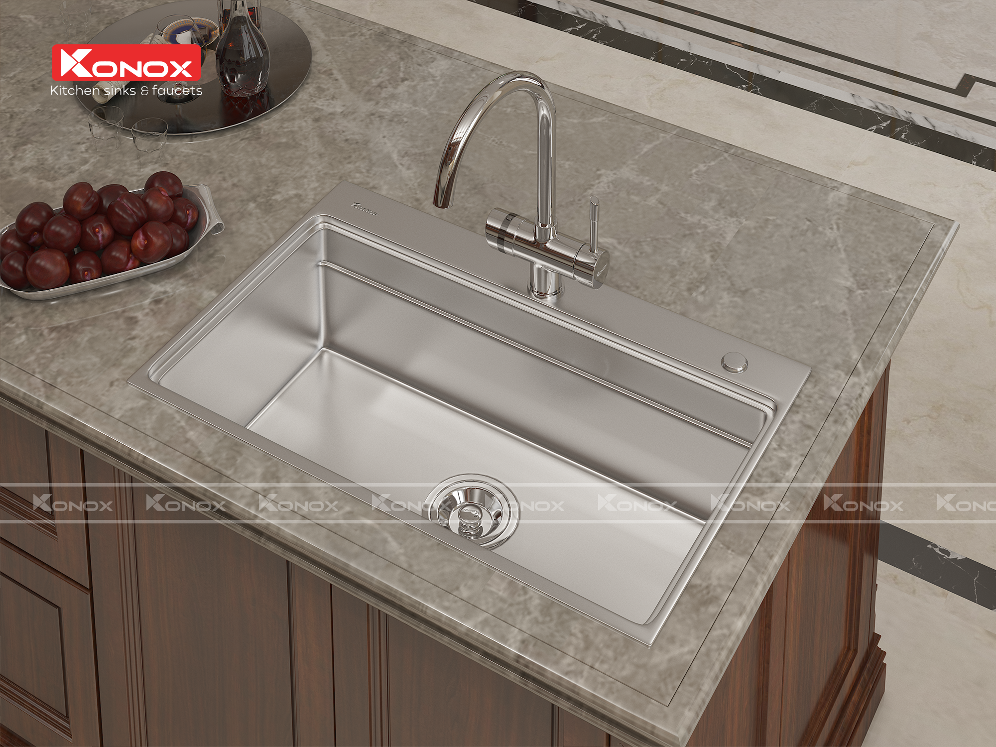 Vòi rửa bát 3 đường nước Konox, Model Trim-Water Black, 3 phiên bản màu, Bề mặt mạ PVD mạ vân đá, Lõi đồng tiêu chuẩn CW617N, Linh kiện phụ trợ dòng chảy nhập khẩu châu Âu, Bảo hành chính hãng 5 năm, Hàng chính hãng
