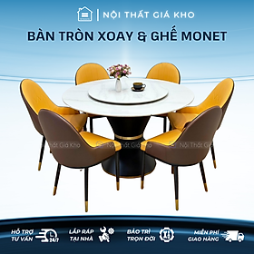 Bộ bàn ăn tròn mâm xoay 2 mặt đá phiến kết hợp ghế monet