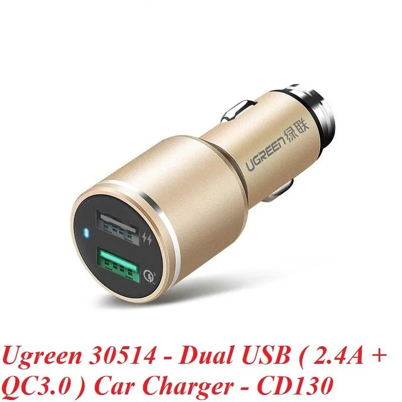 Ugreen UG30514CD130TK 48W màu Vàng Bộ sạc ô tô 2 cổng USB 2.4A + QC 3.0 - HÀNG CHÍNH HÃNG