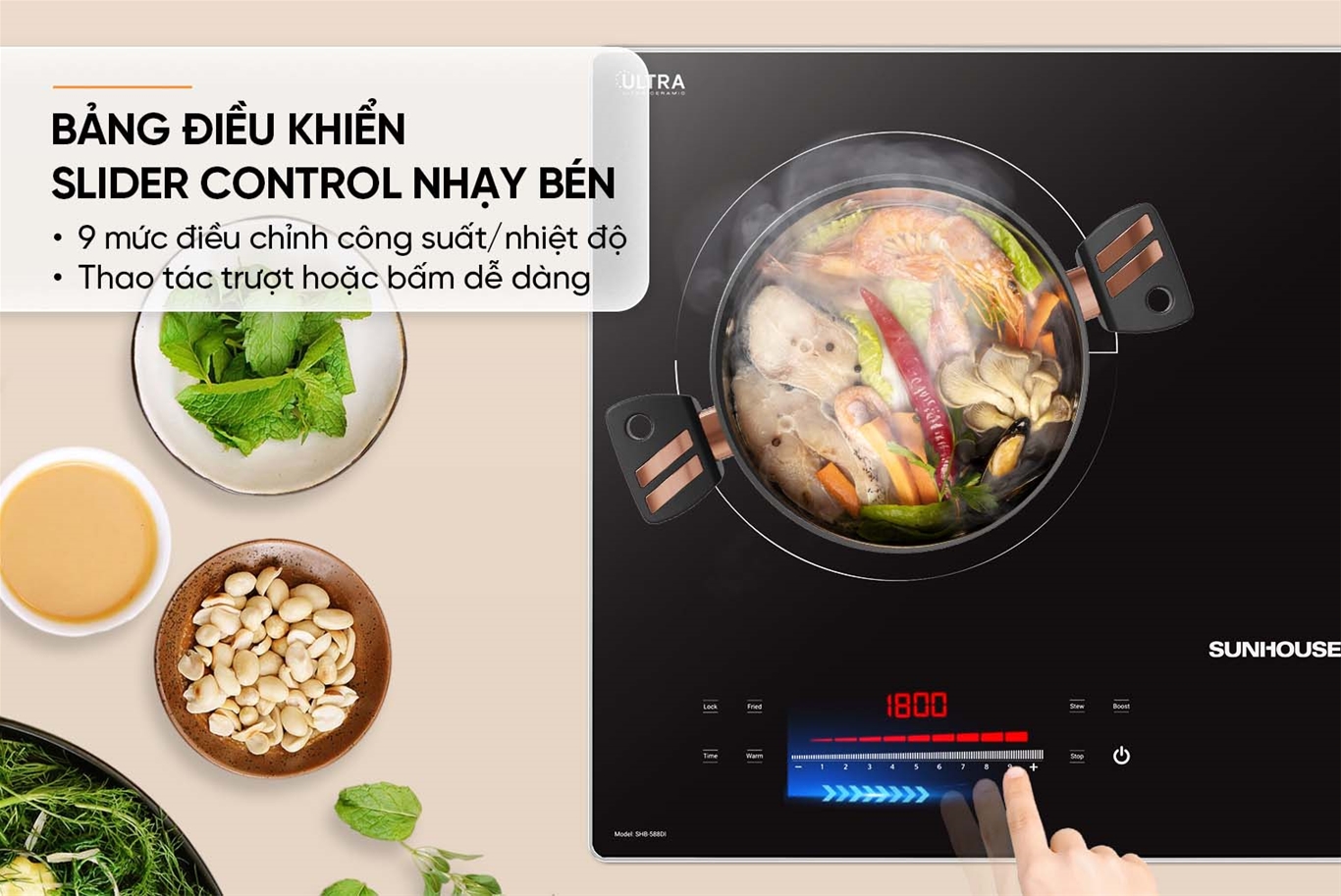 BẾP ĐÔI ĐIỆN TỪ SUNHOUSE SHB-588DI Booster 2200W - Hàng chính hãng