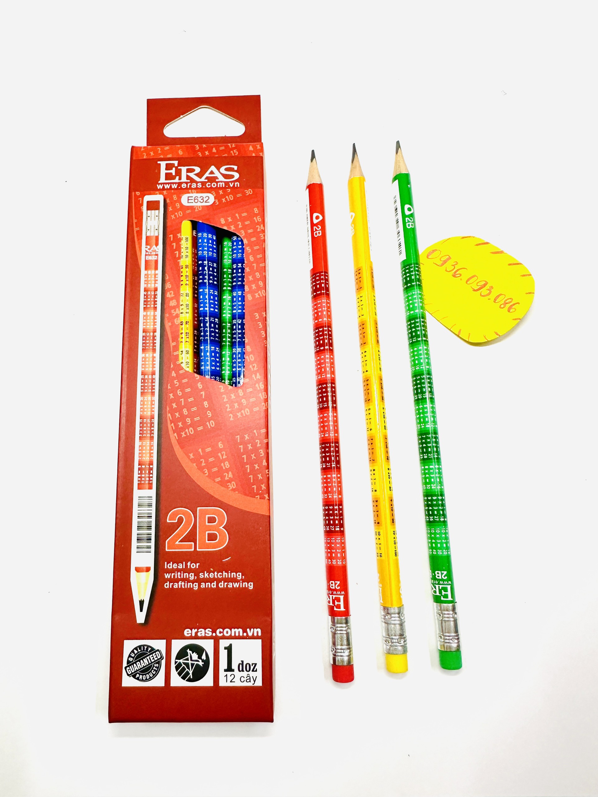 Hộp 12 Cây Bút Chì Gỗ 2B Có Gôm Thân Bút Họa Tiết Hoa Lavender E630, Hưu Cao Cổ E631, Bảng Cửu Chương E63, Bút Chì Eras