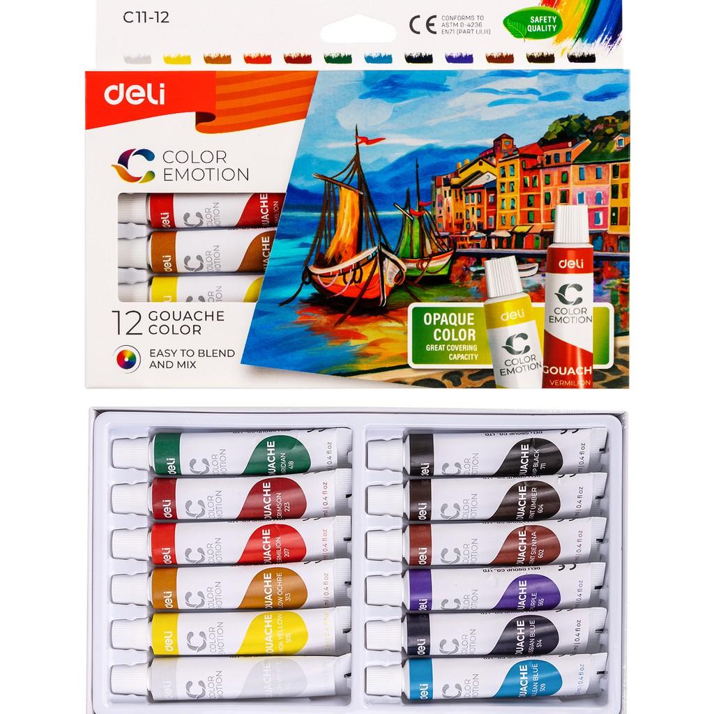 Màu nước Gouache dạng tuýp 12ml Deli 5/12/24 màu,Tặng kèm pallete Nhựa pha màu