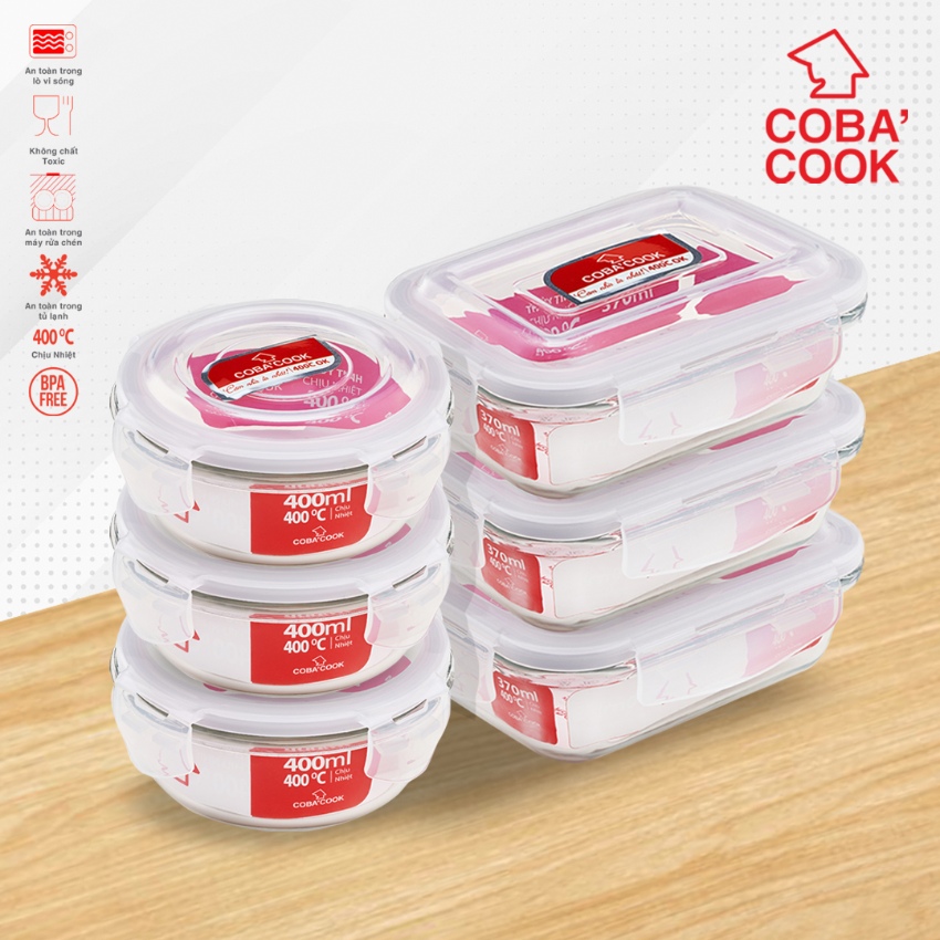 Bộ 6 hộp thủy tinh hình tròn và chữ nhật 370 ml+ 400 ml-CCR4L36