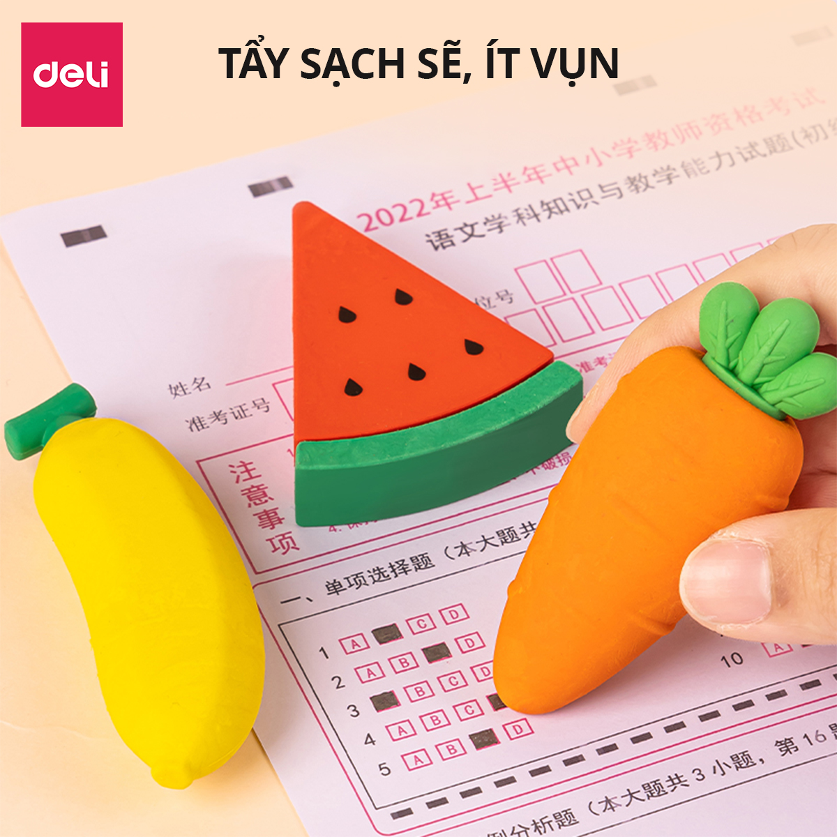 Gôm Tẩy Hoa Quả Khổng Lồ Deli - Siêu To Tẩy Sạch Ít Vụn, Không Mòn Giấy An Toàn Cho Bé Học Sinh Trẻ Nhỏ Bút Chì 2B HB