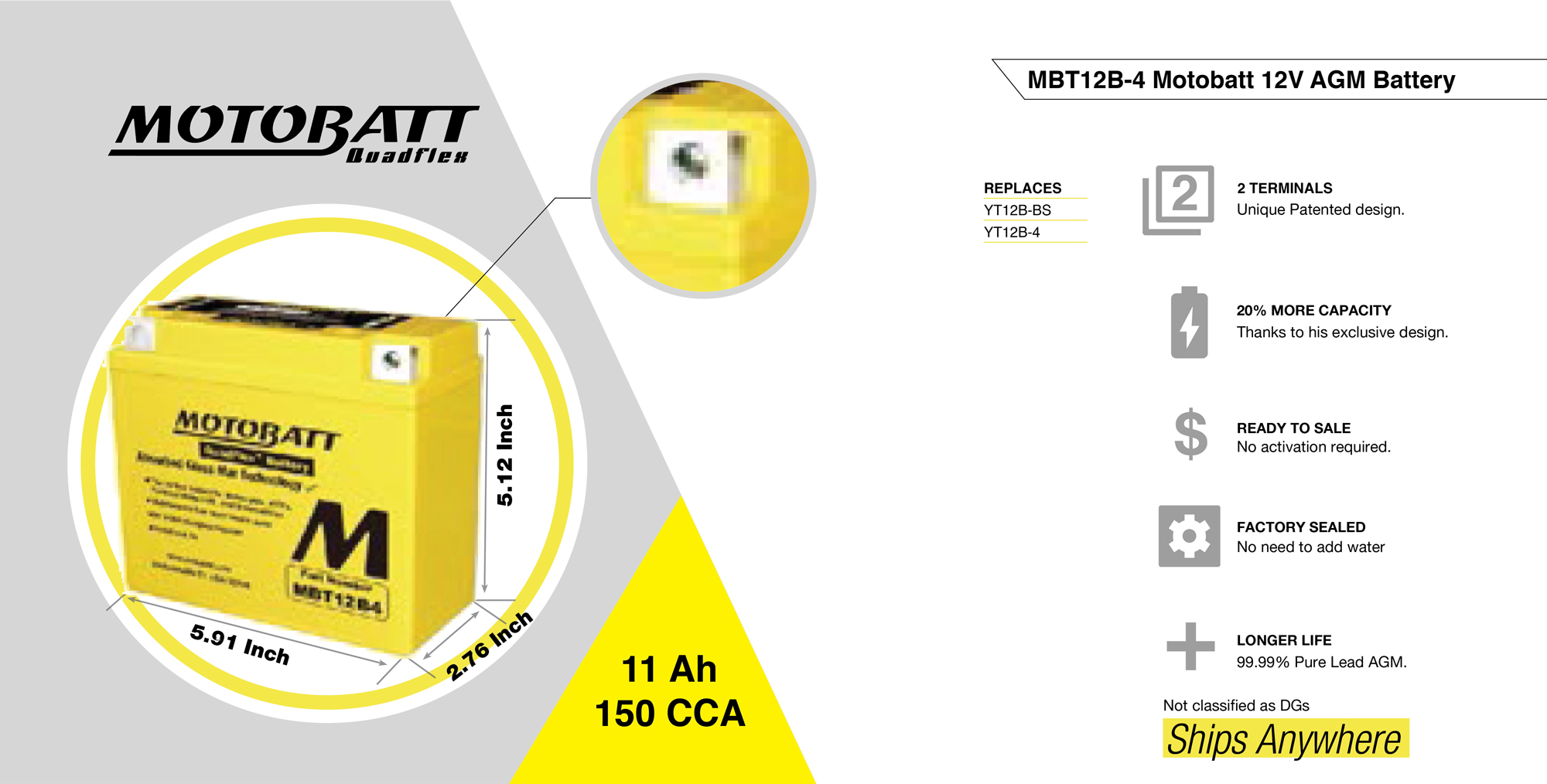 Bình ắc quy Quadflex Motobatt MBT12B4 12V 14Ah CCA150 Cho Nhiều Dòng PKL