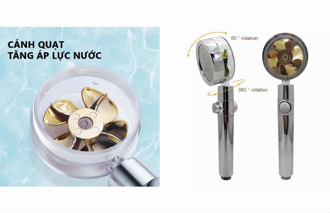 Đầu vòi hoa sen KG30 tăng áp cánh quạt đầu xoay 360 độ có nút nhấn tắt nước, dễ sử dụng tiết kiệm nước bao gồm dây sen 1m5- Hàng chính hãng