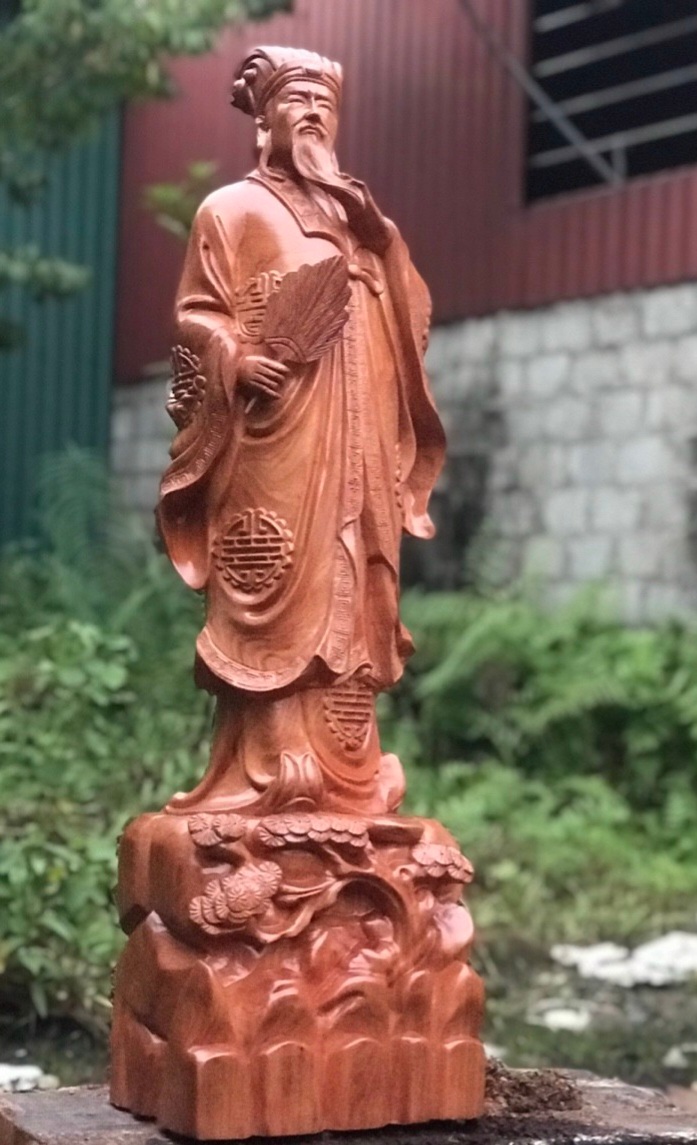 Tượng khổng minh (gia cát lượng) bằng gỗ hương đá liền khối cực đẹp kt cao 90×27×20cm