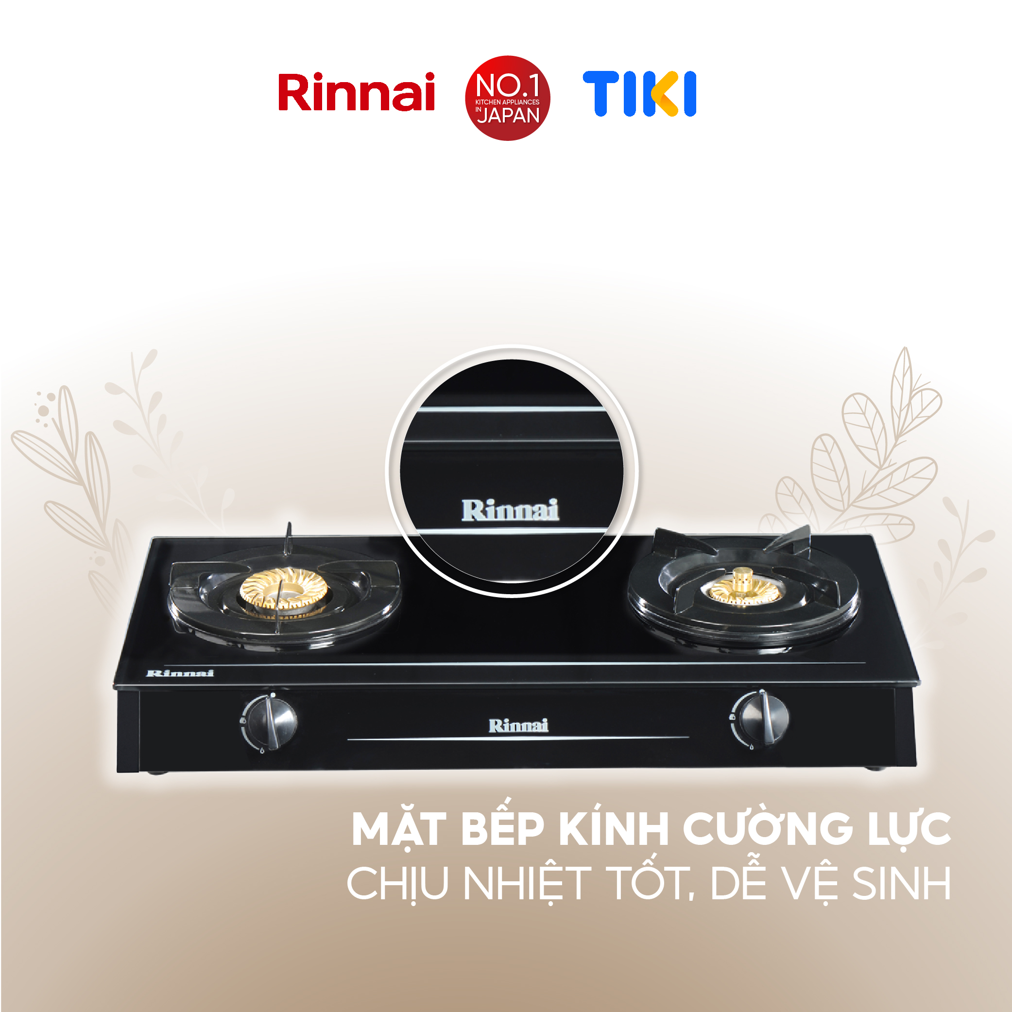 Bếp gas dương Rinnai RV-6Double Glass (Sp) mặt bếp kính và kiềng bếp men - Hàng chính hãng.
