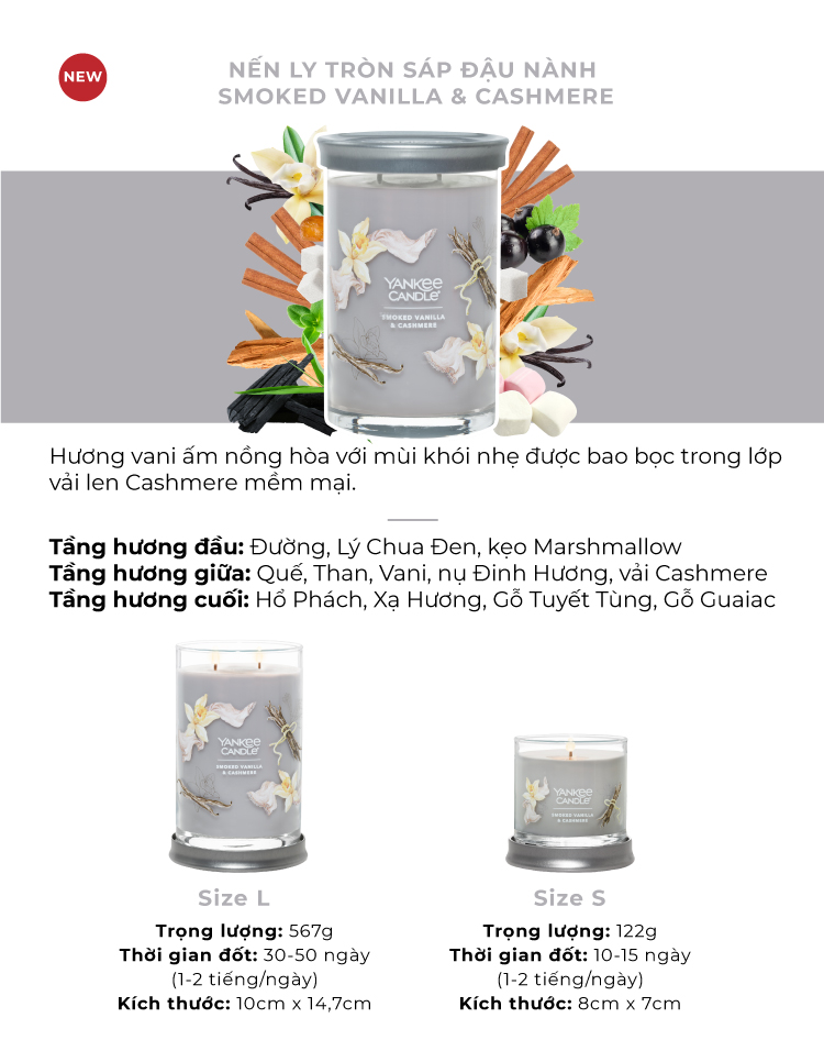 Nến ly tròn sáp đậu nành Yankee Candle size L (567g) - Smoked Vanilla & Cashmere