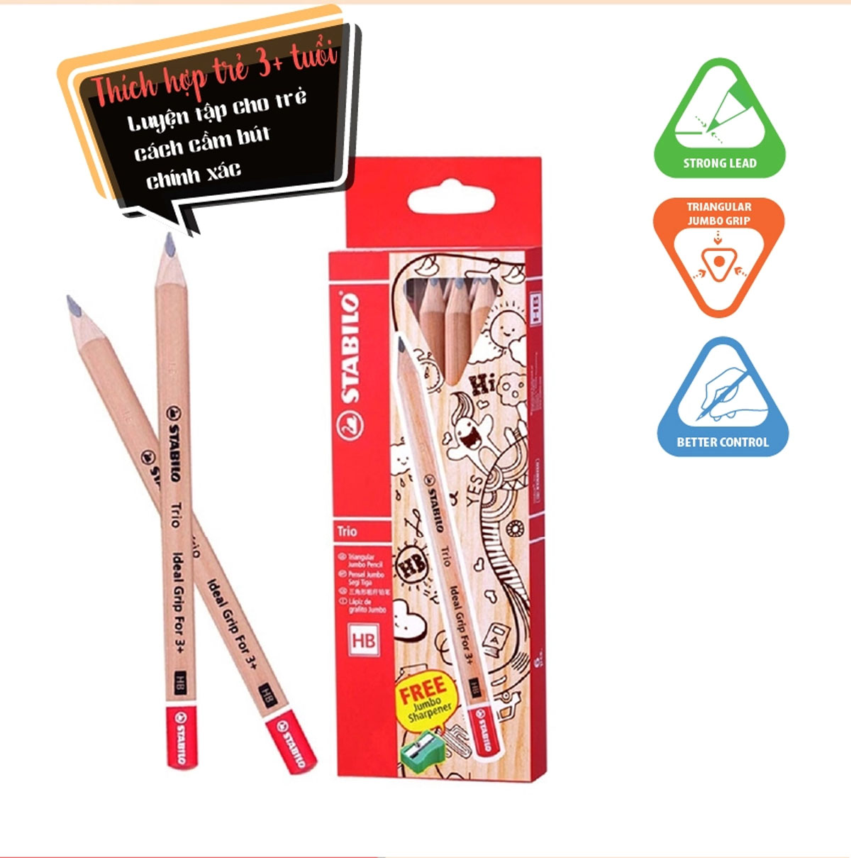 Combo bút chì gỗ phác thảo STABILO Trio 362 - Bộ 3 bút chì Jumbo + Chuốt chì PSJ4562 + Gôm tẩy ER199