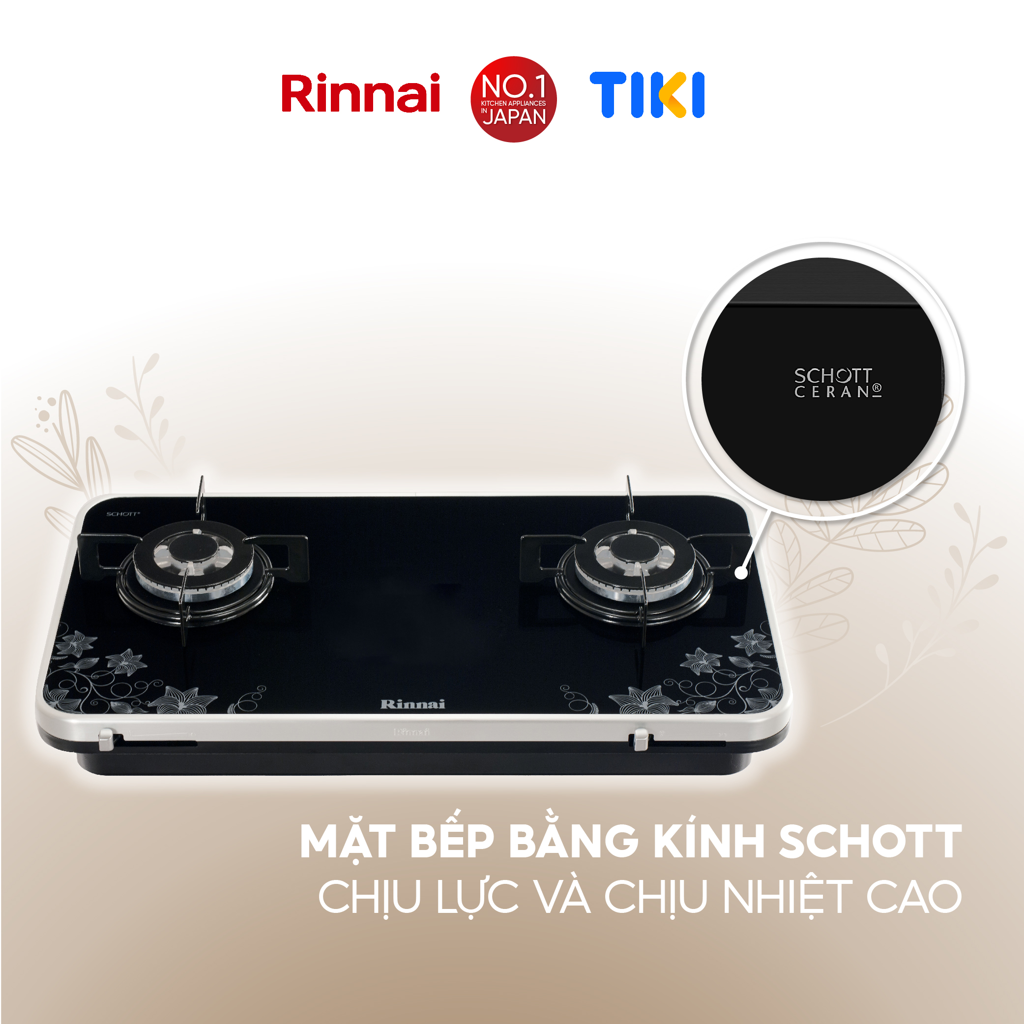 Bếp gas âm Rinnai RB-7902S-GBS(F) mặt bếp kính Schott và kiềng bếp men - Hàng chính hãng.
