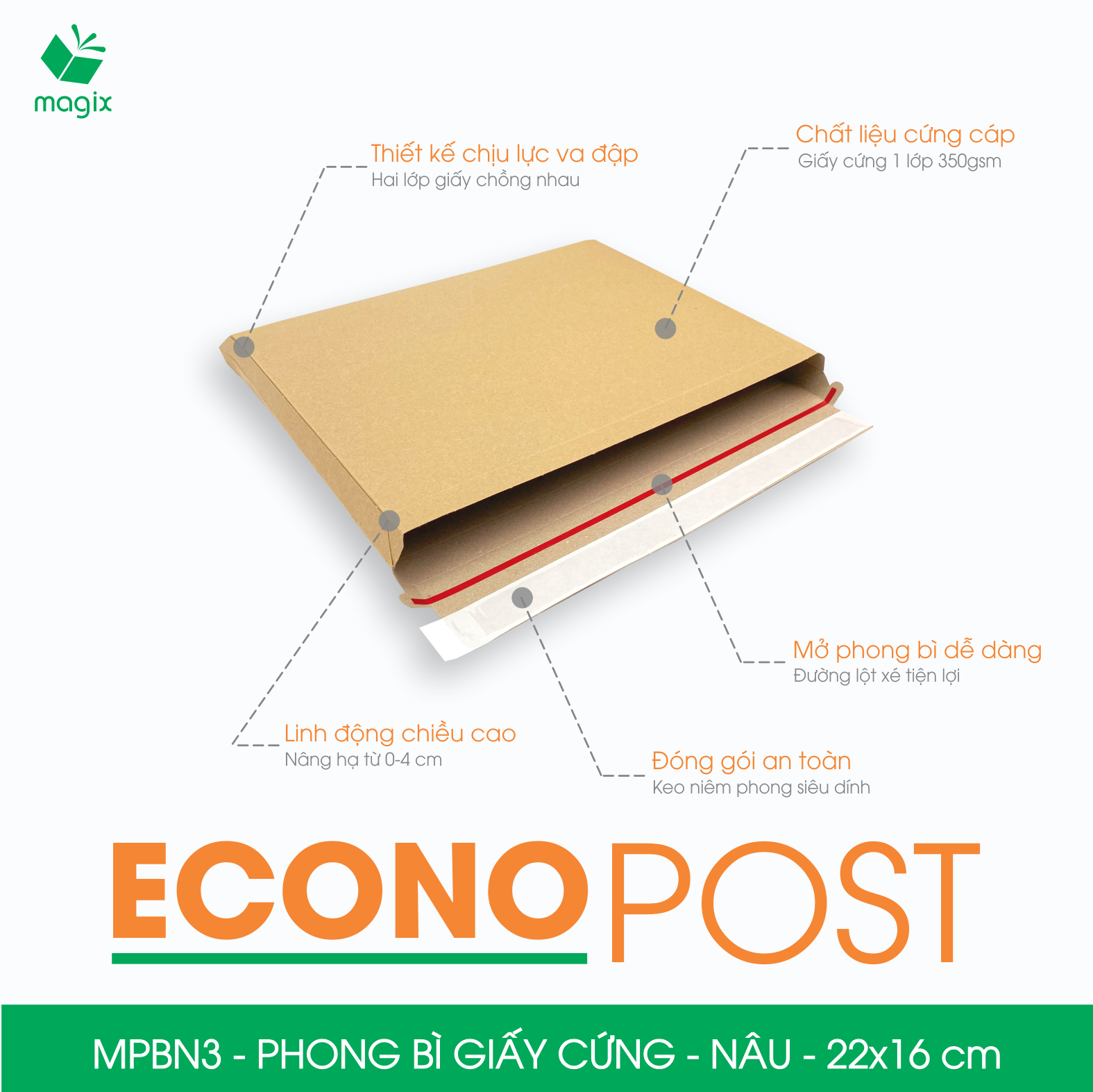 MPBN3 - 22x16 cm - Combo 20 phong bì giấy cứng đóng hàng màu nâu thay thế túi gói hàng