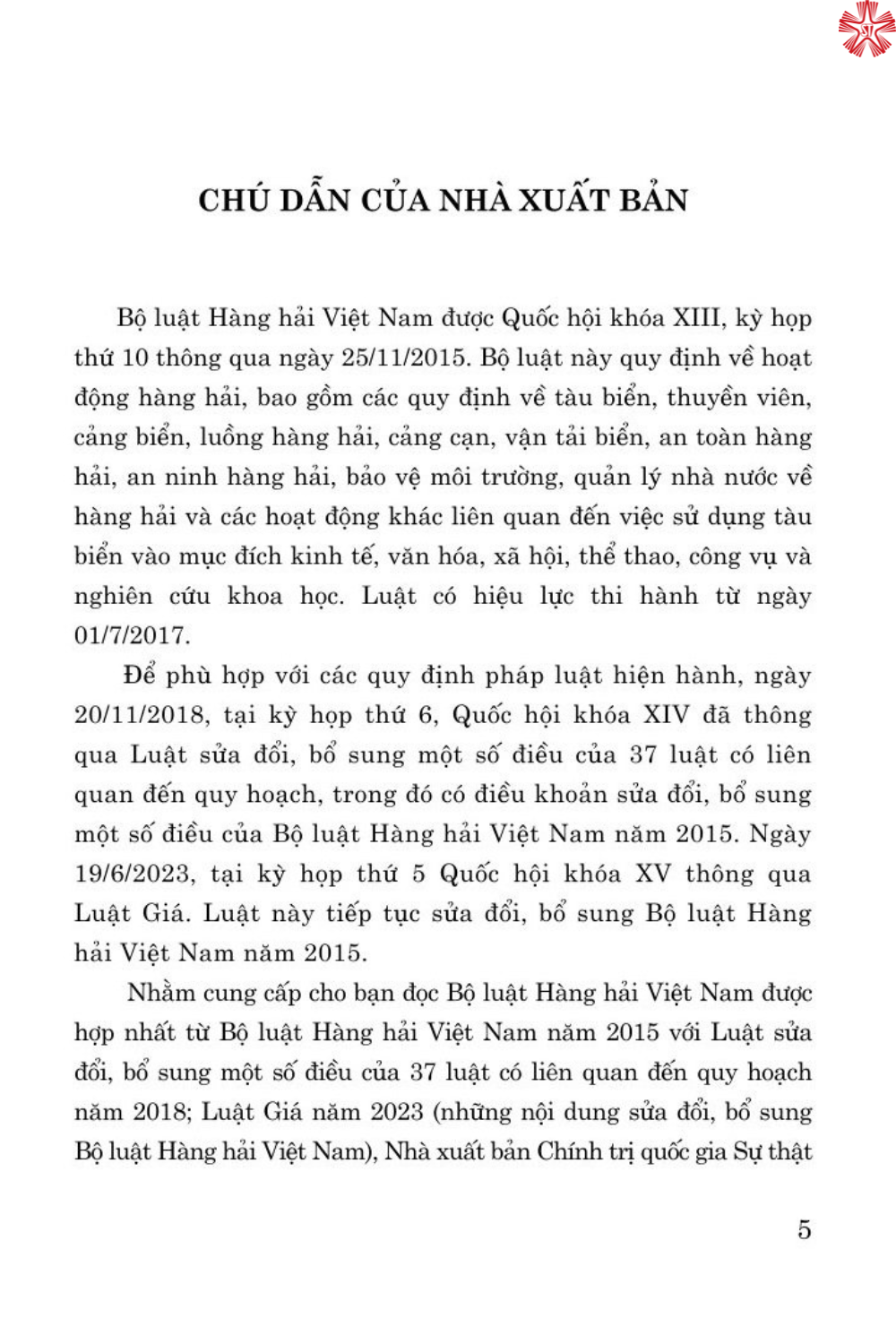 Bộ luật hàng hải Việt Nam năm 2015 (sửa đổi, bổ sung năm 2018, 2023) bản in 2024